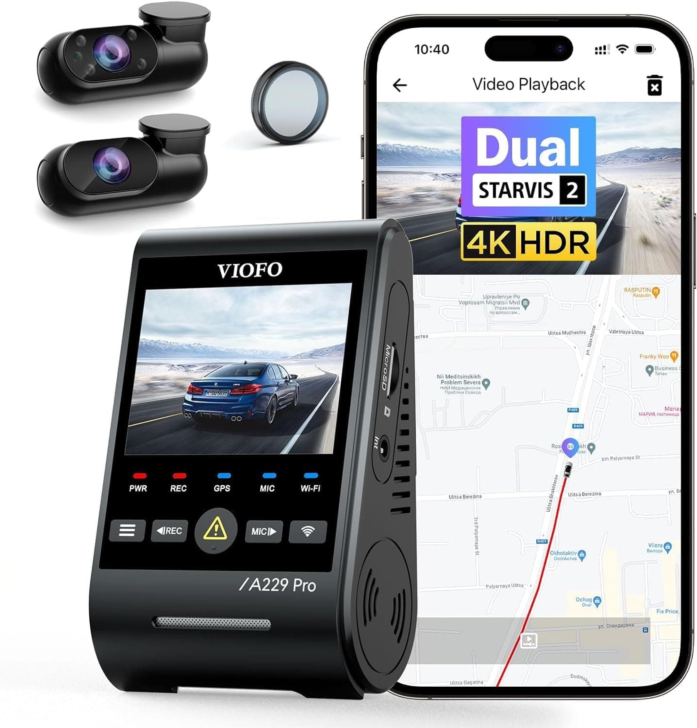 Viofo A229 Pro 3 Kameralı Ön-İç-Arka 4K+2K+1080P HDR Sony Starvis 2 İle Uyumlu WiFi GPS Araç Kamerası