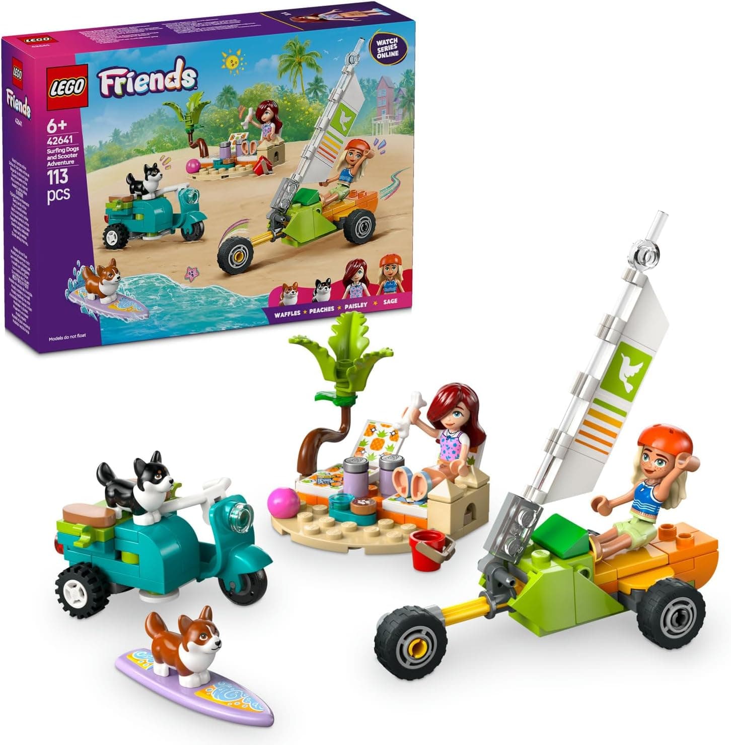 LEGO Friends Sörfçü Köpekler ve Scooter Macerası 42641-6 Yaş ve Üzeri Erkek ve Kız Çocukları için Mini Bebek İçeren Yaratıcı Oyuncak Yapım Seti, Doğum Günü Hediyesi (113 Parça)
