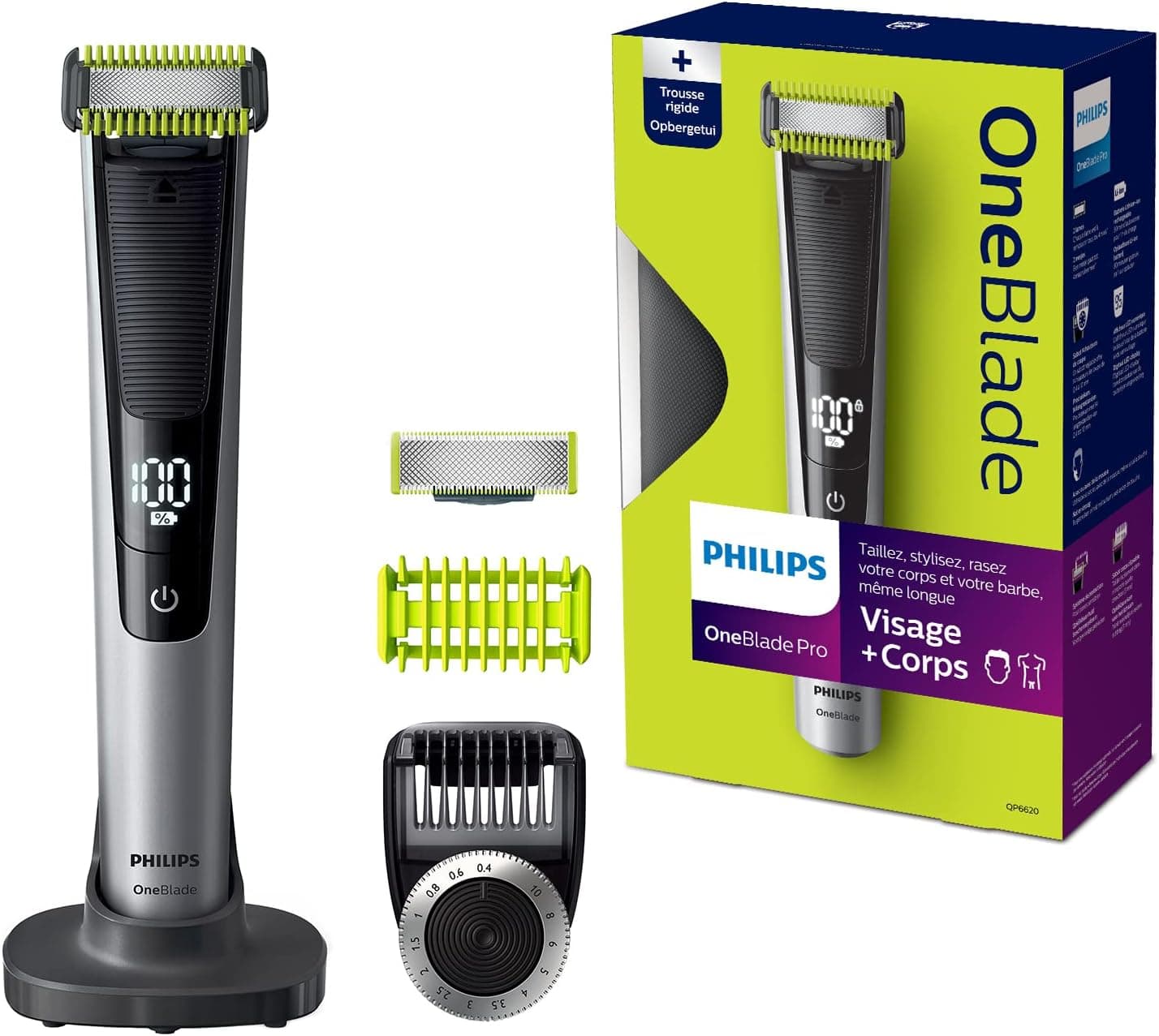 Philips OneBlade Pro Face + Body QP6620/20 saç düzeltici, yüz ve vücut için, uzunluk ayarı, 0,4 ila 10 mm, siyah/gümüş renkli, lityum iyon pil, 90 dakika çalışma süresi
