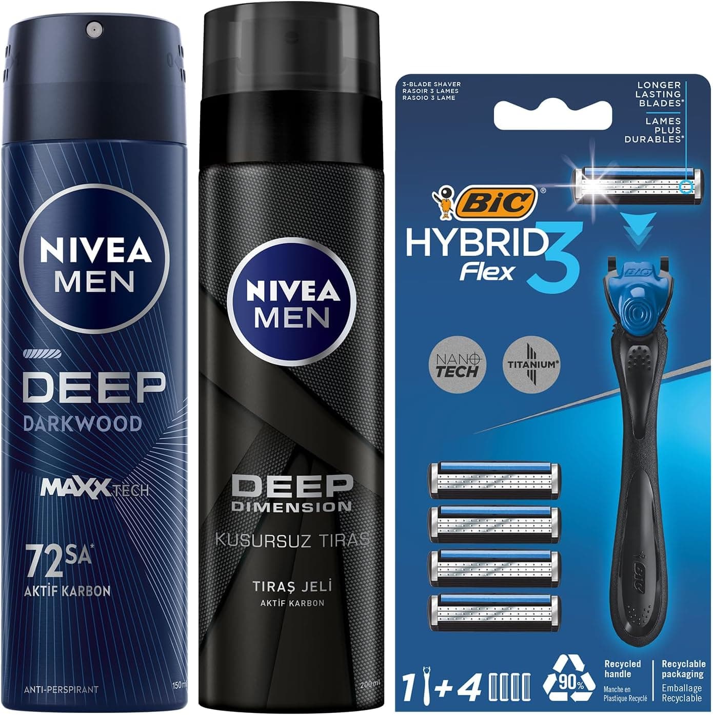 NIVEA MEN Erkek Sprey Deodorant Deep Dimension Darkwood 150ml + Tıraş Jeli Deep Dimension 200ml + BIC Hybrid 3 Flex Erkek Tıraş Bıçağı 1 Sap ve 4 Yedek Başlık (3 Bıçak)