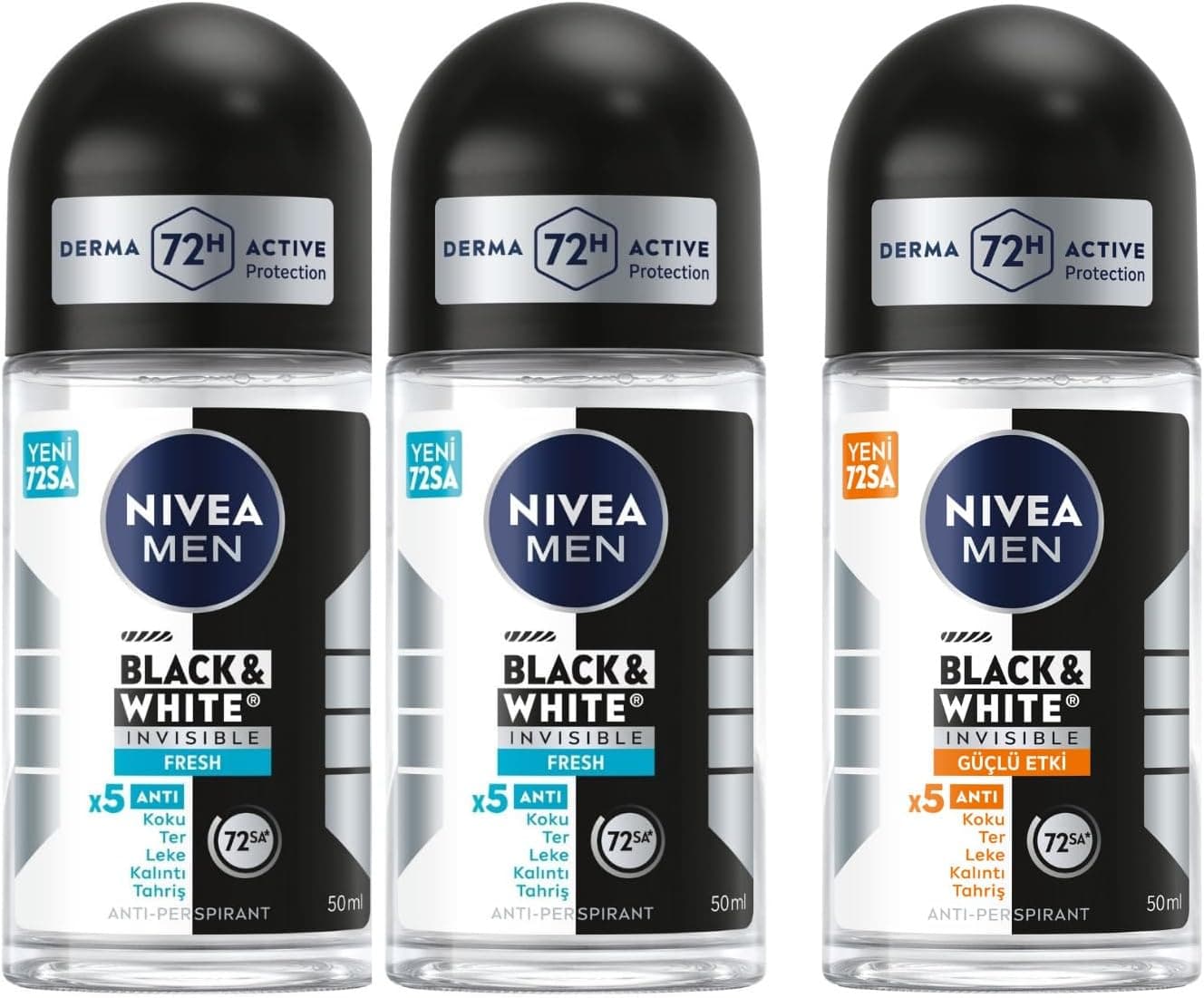 NIVEA Men Erkek Roll On Deodorant Black&White Invisible, 50 ml + NIVEA Men Erkek Roll On Deodorant Black&White Invisible Fresh 48 Saat Anti-Perspirant Koruma, 50 ml X2
