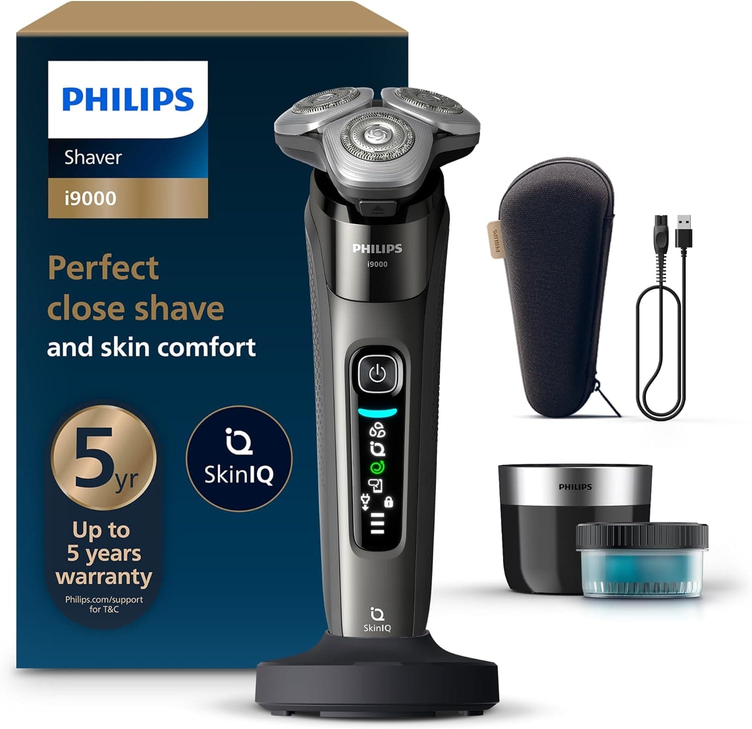 Philips i9000 SkinIQ Islak ve Kuru Tıraş Makinesi, 360° Hassas Başlıklar, Yapay Zeka Destekli, Temizleme Ünitesi ve Seyahat Çantası Hediyeli, X9002/30