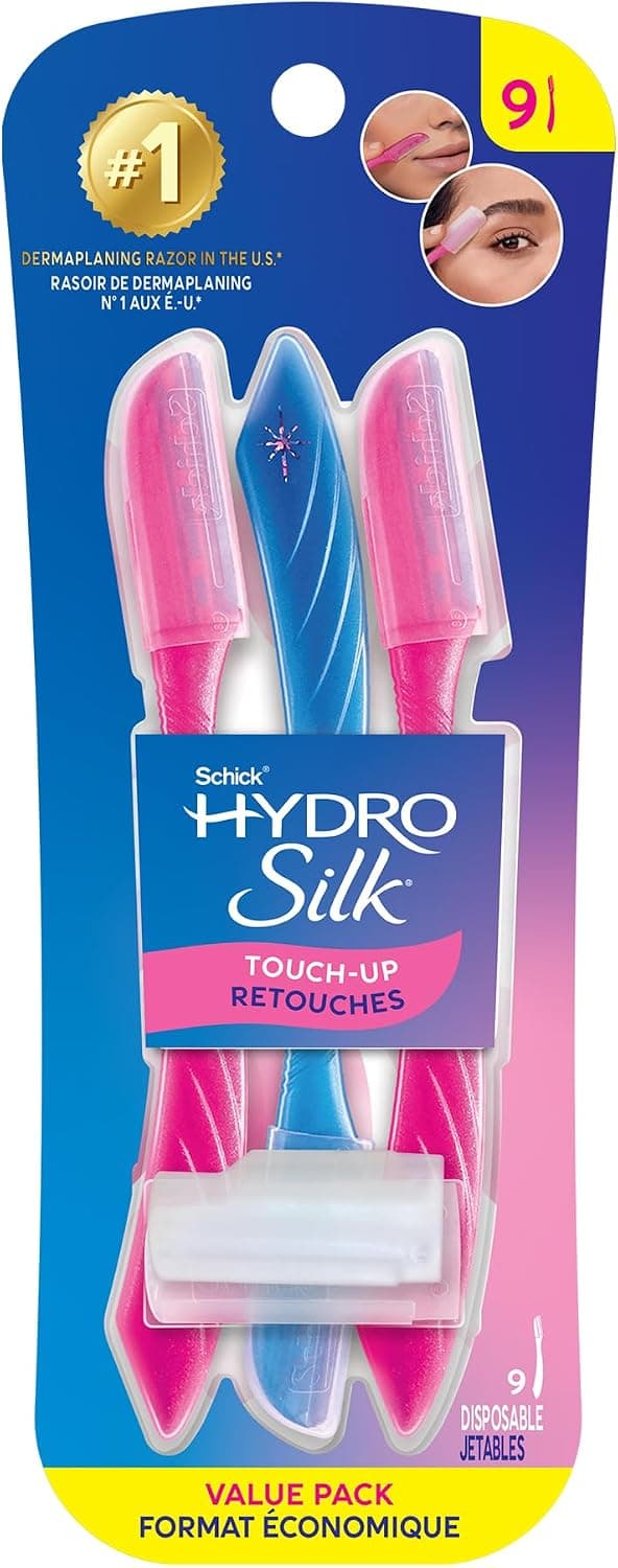 Schick Hydro Silk Rötuş Eksfoliye Edici Dermaplaning Aleti, Yüz ve Kaş Tıraş Makinesi Hassas Kapaklı - 9 Adet | Kadınlar İçin Dermaplaning Jilet