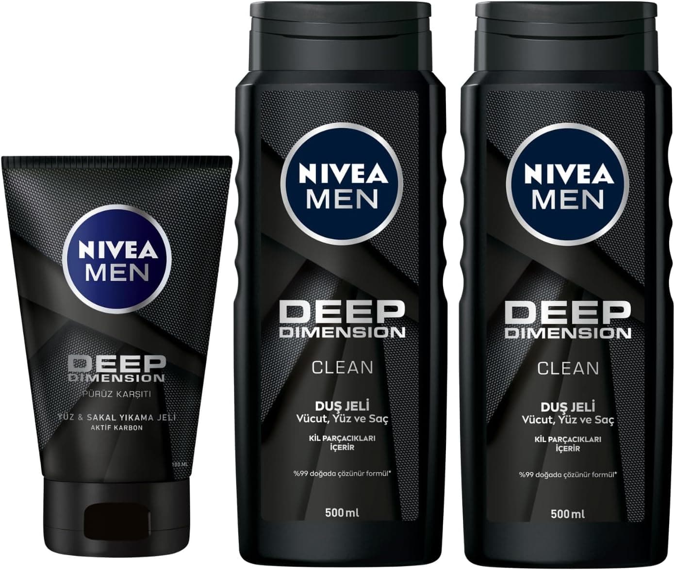 NIVEA Men Deep Dimension Yüz ve Sakal Temizleme Jeli 100 ml + NIVEA Men Deep Dimension Duş Jeli 500 ml X2