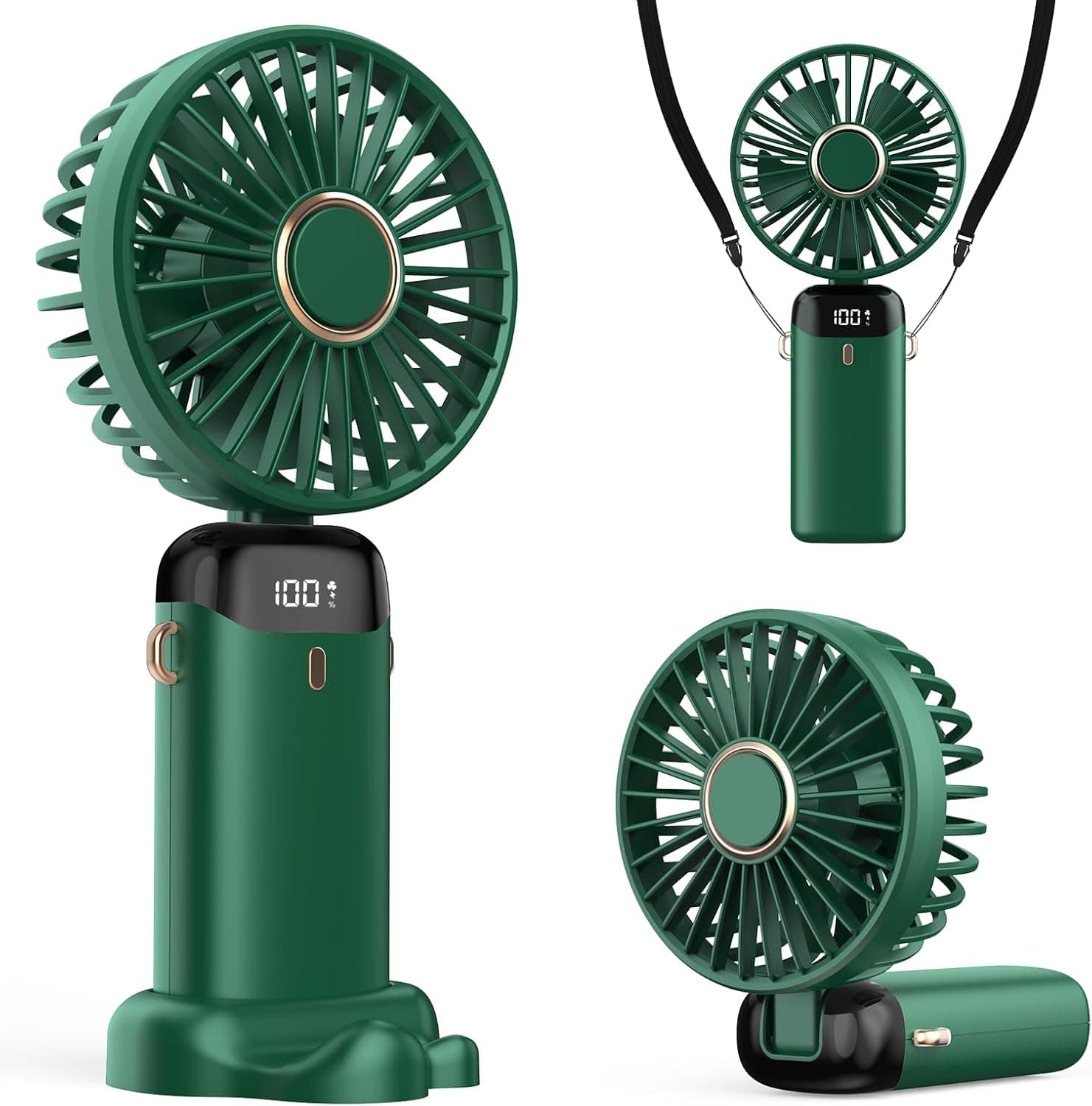 Taşınabilir USB Vantilatör, 4200mAh Şarjlı El Tipi Fan, LED Ekranlı, 3ü 1 Arada El/Boyun/Masa Fanı, Yaz, Ofis, Seyahat için, Kadınlar, Kızlar ve Çocuklara Hediye (Yeşil)