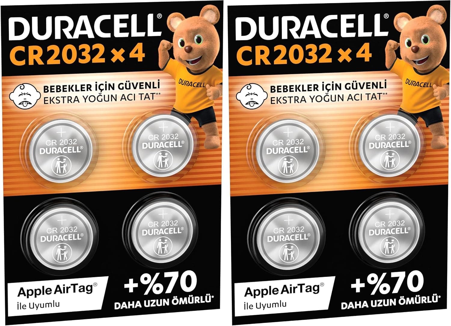 Duracell CR2032 Lityum Düğme Piller (4’lü Paket) 3V -%70’e Kadar Daha Uzun Ömür - Bebek Güvenlik Teknolojisi ve Bebek Güvenlikli Paketleme – Apple AirTag, Fitness ve Tıbbi Aksesuarlarda Kullanım