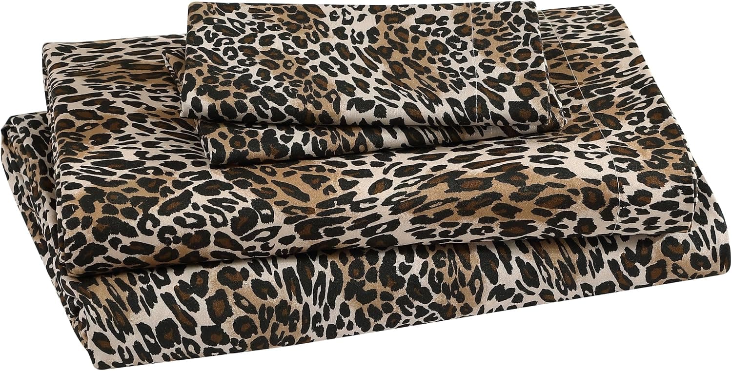 Beatrice Home Fashions Baskılı Mikrofiber Çarşaf Seti, Yumuşak Rahat Kolay Bakım, 12" Derin Cepli 1 Lastikli Çarşaf, 1 Düz Çarşaf, Yastık Kılıfı, Kraliçe, Zara Leopar içerir