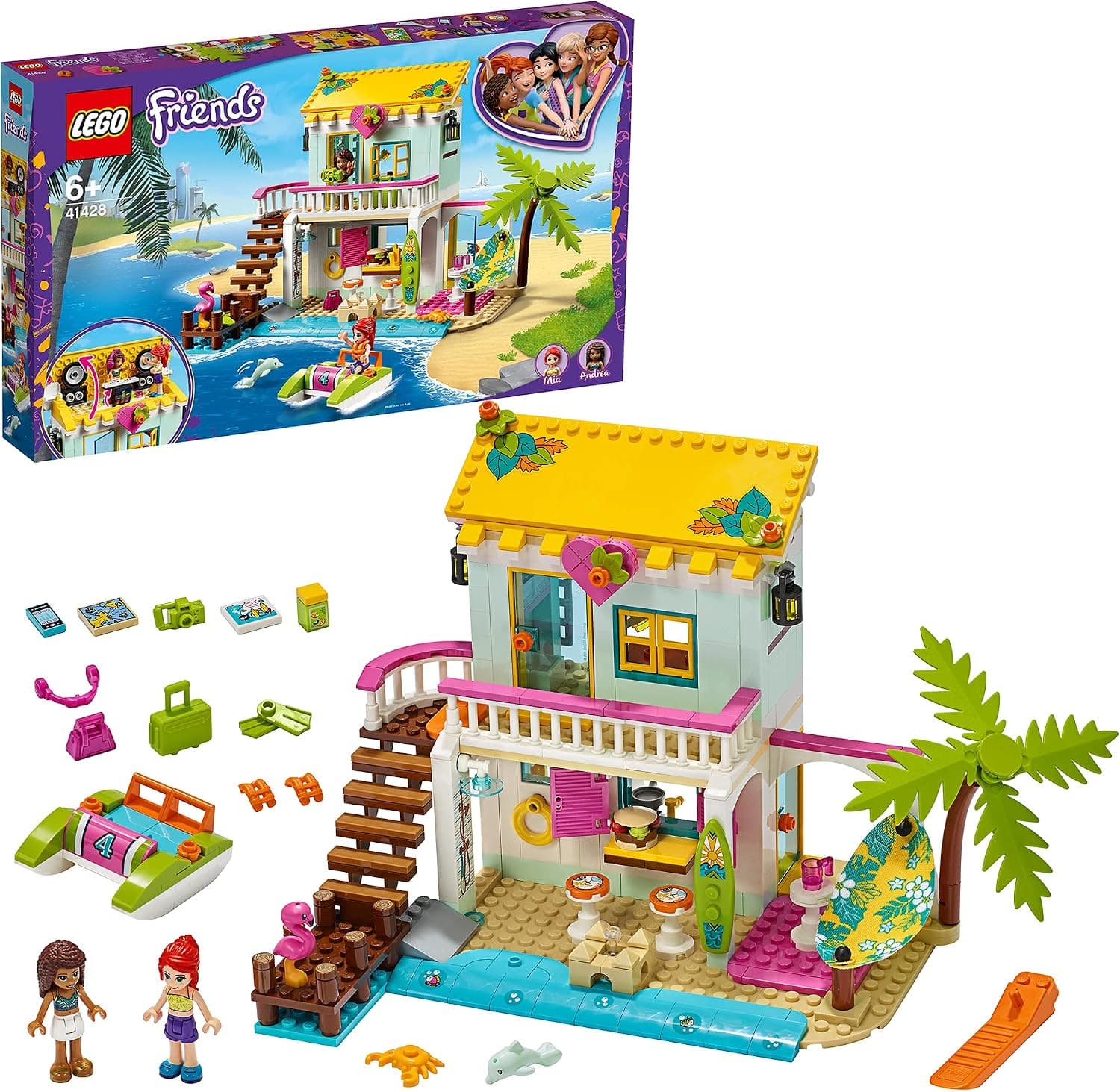LEGO Friends Plaj Evi 41428, Andrea ve Mia Mini Bebeklerle Gelir ve Harika Yaz Evi Setiyle Doludur (444 Parça)
