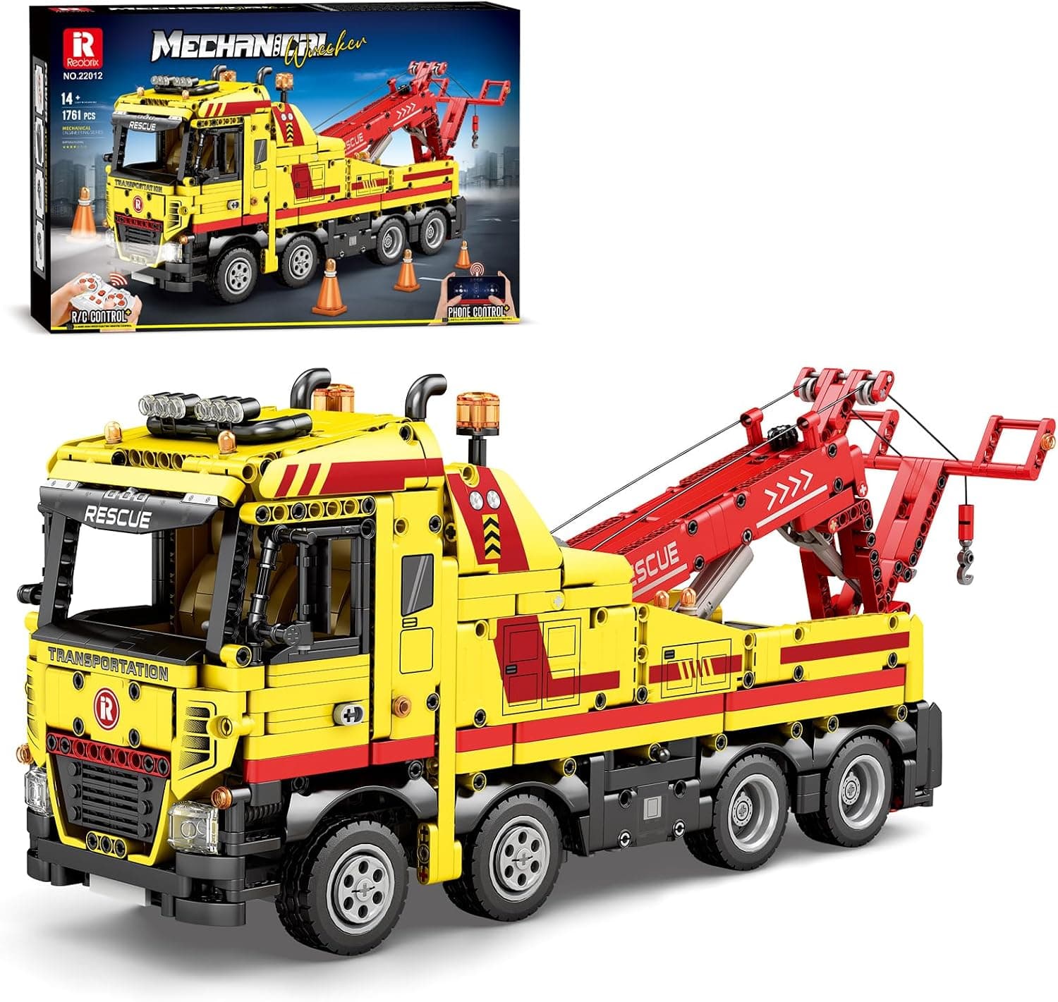 Reobrix 22012 Teknik Uzaktan Kumandalı Wrecker Araba Kamyon Vinç Kelepçe Blokları, 1910 adet İnşaat Aracı Yapı Taşları, MOC Yaratıcı Yapı Taşı Oyuncak, Kızlar ve Erkekler İçin Hediye, Lego ile Uyumlu