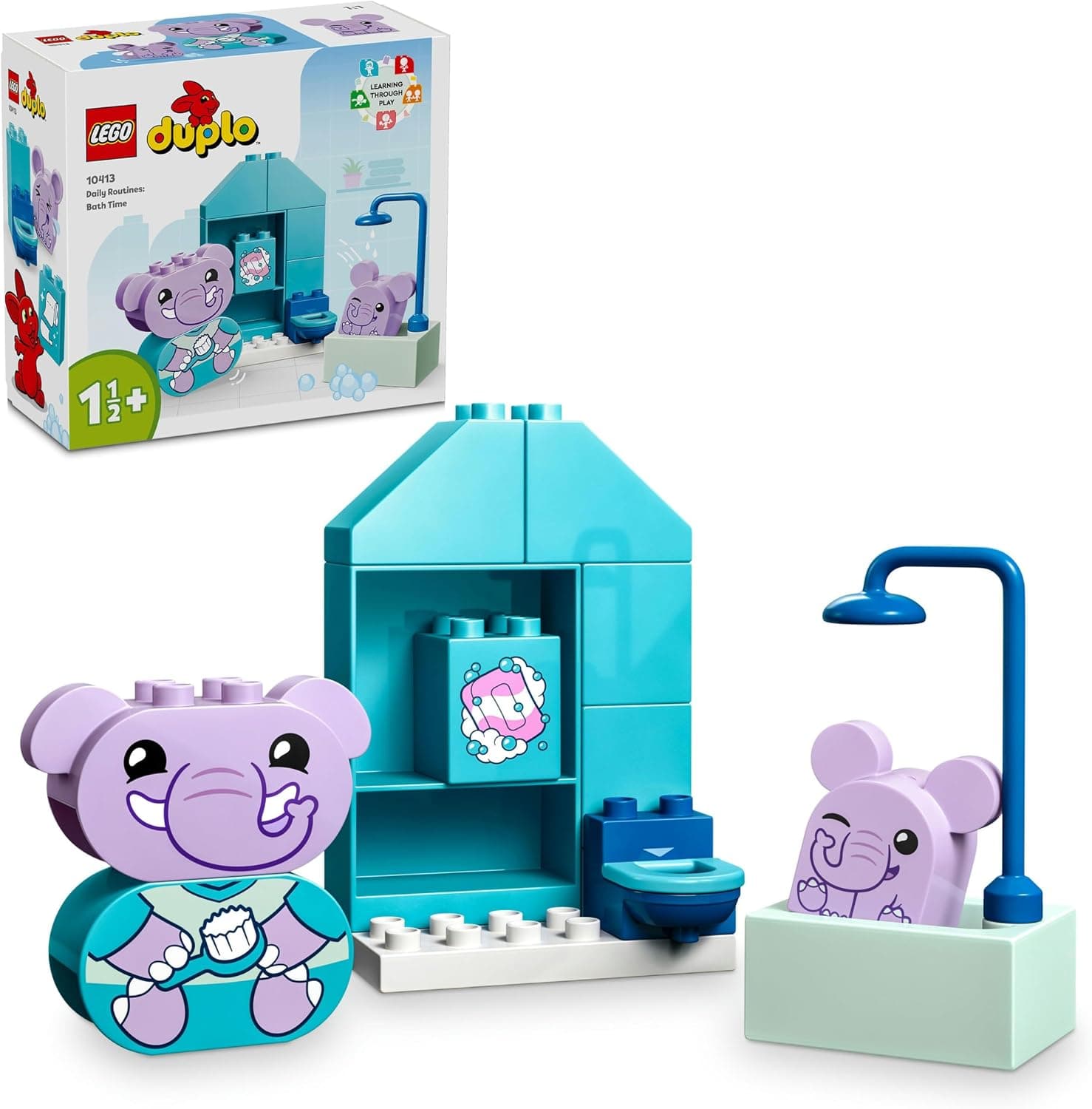 LEGO DUPLO İlk Günlük Rutinlerim: Banyo Zamanı 10413 – 1.5 Yaş ve Üzeri Çocuklar için Eğitici Hediye Fikri, 2 Oyuncak Fil, İnşa Edilebilen Tuvalet, Banyo ve Duş İçeren Oyuncak Yapım Seti (15 Parça)
