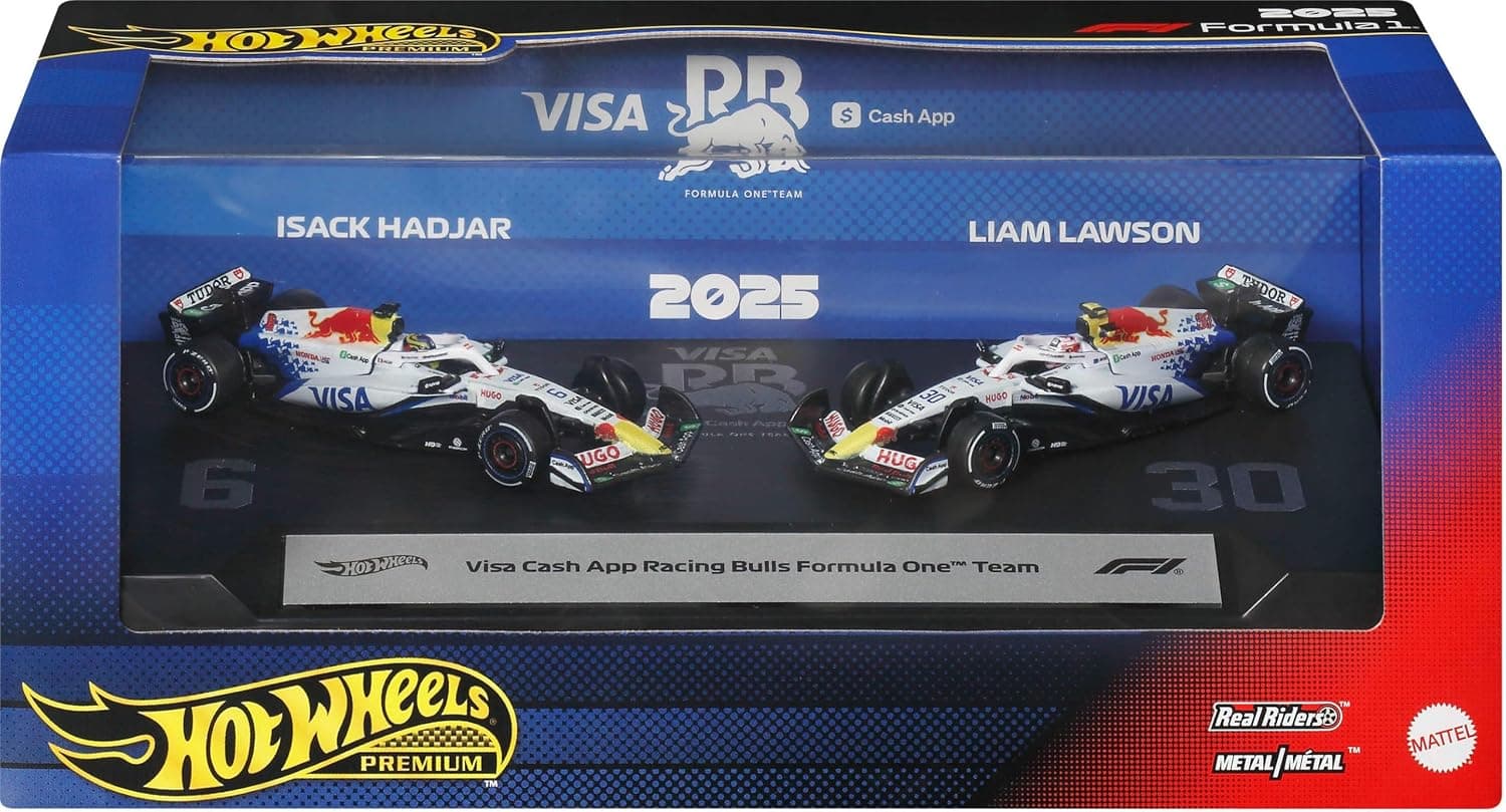 Hot Wheels Premium oyuncak arabalar, 1:64 ölçekli metal Visa Cash App Racing Bulls Formula 1 yarış arabaları: Liam Lawson ve Isack Hadjar, JMM94