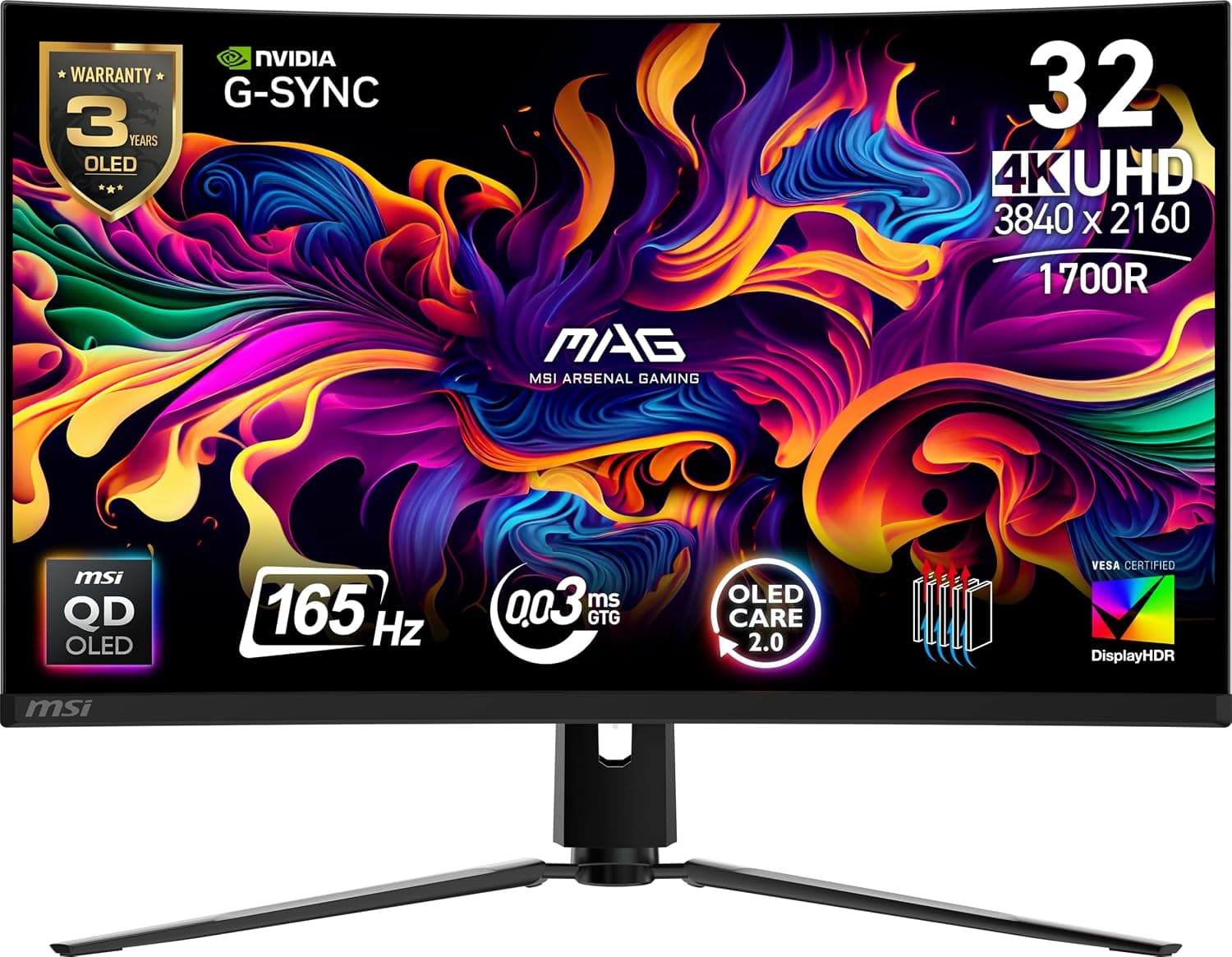 MSI 31.5 MAG 321CUP QD-OLED, Gaming Monitör, UHD, 16:9 Curve 1700R, QD-OLED, 165HZ, 0.03ms, G-SYNC Compatible
