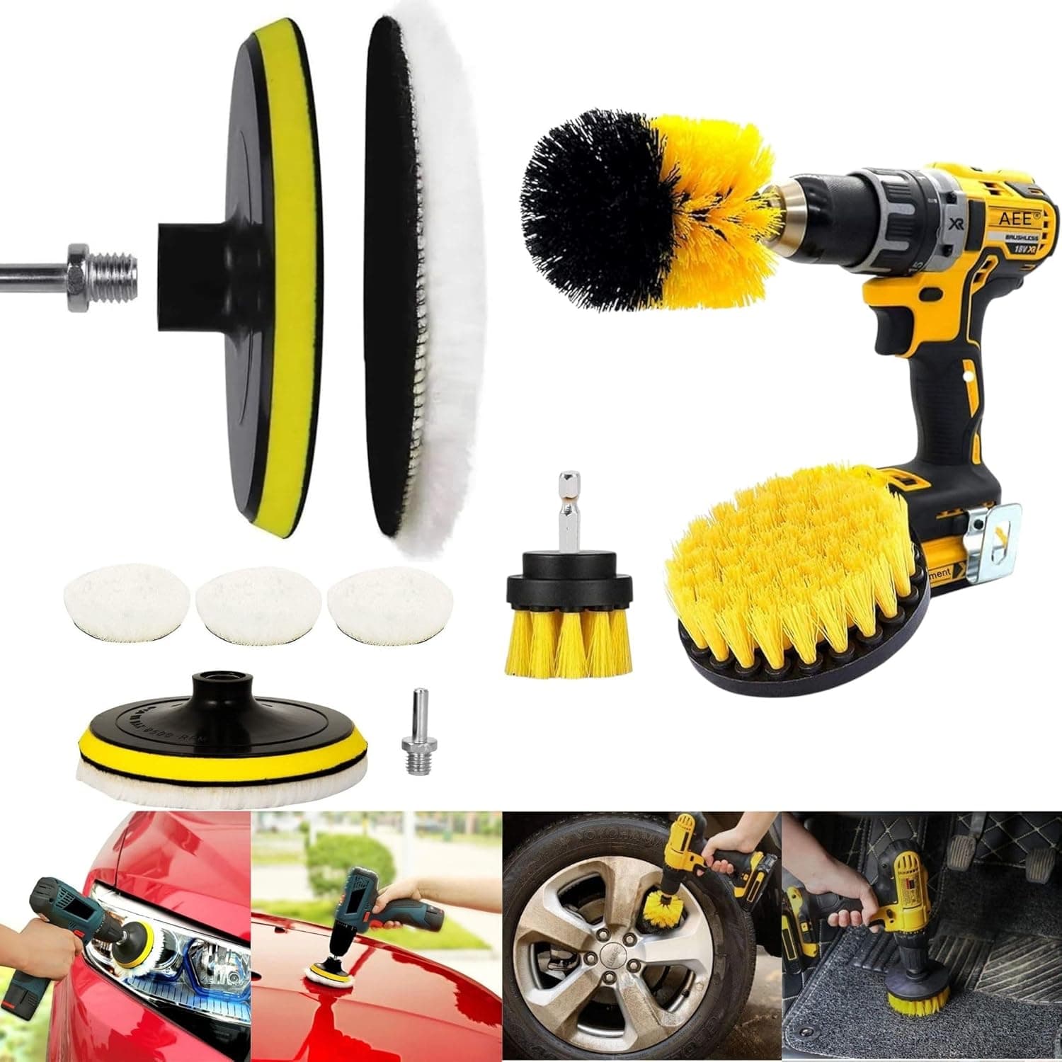 AEE® 9lu Matkap Ucu Fırça Seti Temizleme Parlatma Pasta Cila Jant Tekerlik Far Araba Araç Oto Temizlik Fırçası Seti Banyo Fayans Mutfak Duşakabin Tuvalet Halı Temizleme Kiti Parke Fayans Parlatma