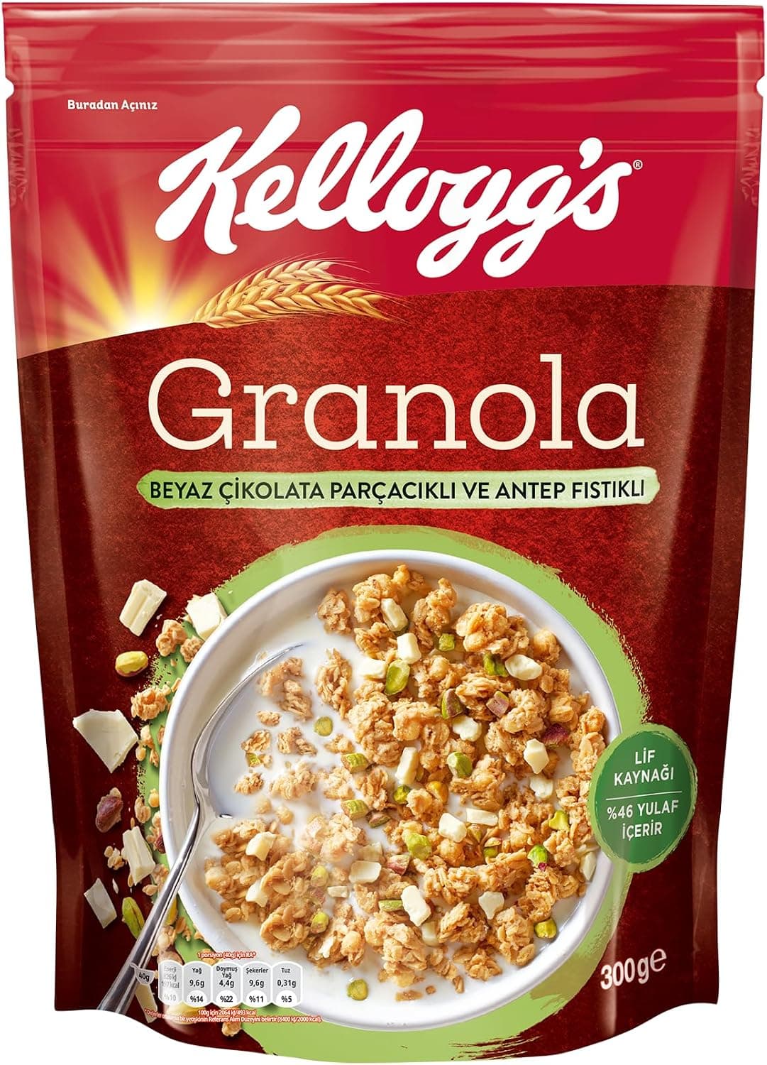 Kelloggs Granola Beyaz Çikolatali & Antep Fıstikli 300 Gr,%46 Yulaf içerir,Lif Kaynağı,Antioksidan içerir,Kahvaltılık Gevrek,Müsli