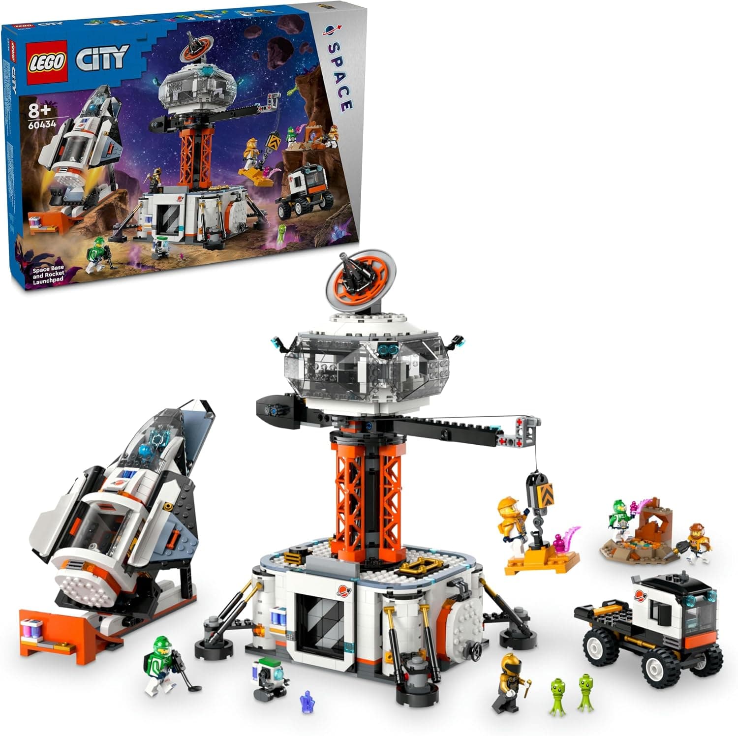 LEGO City Uzay Üssü ve Roket Fırlatma Rampası 60434-8 Yaş ve Üstü Kız ve Erkek Çocukları için Uzay Gemisi, 6 Minifigür, Robot ve 2 Uzaylı Figürü İçeren Oyuncak Seti, Doğum Günü Hediyesi (1422 Parça)