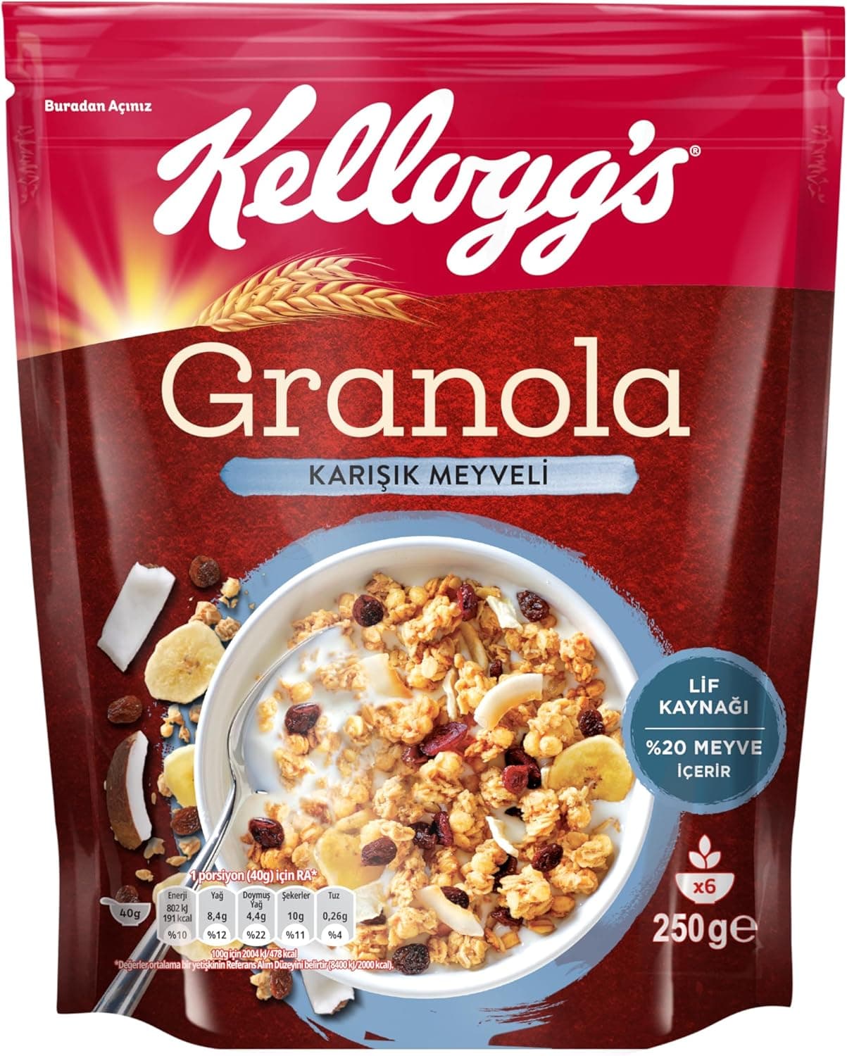 Kelloggs Karışık Meyveli Granola 250 Gr,%42 Yulaf içerir,Lif Kaynağı,%20 Kurutulmuş Meyve