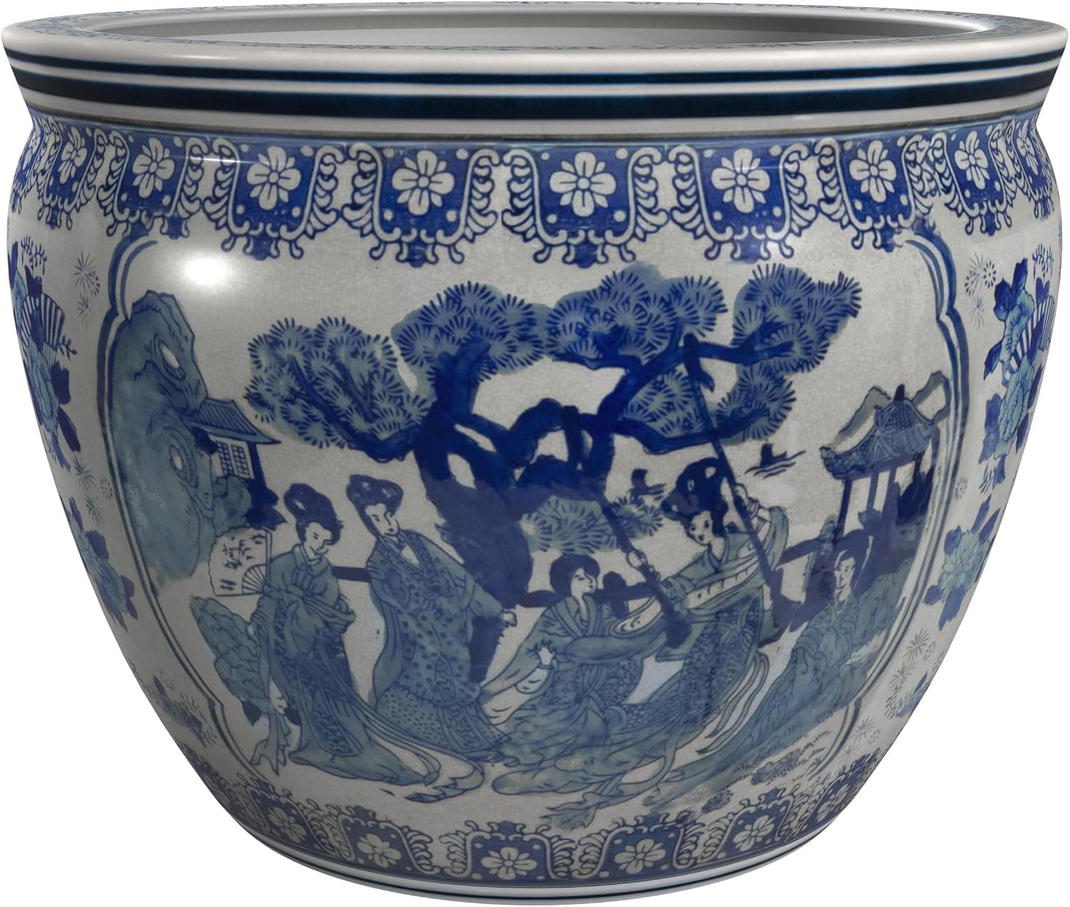 Oriental Furniture 30,48 cm Bayan Mavi ve Beyaz Porselen Balık Kasesi