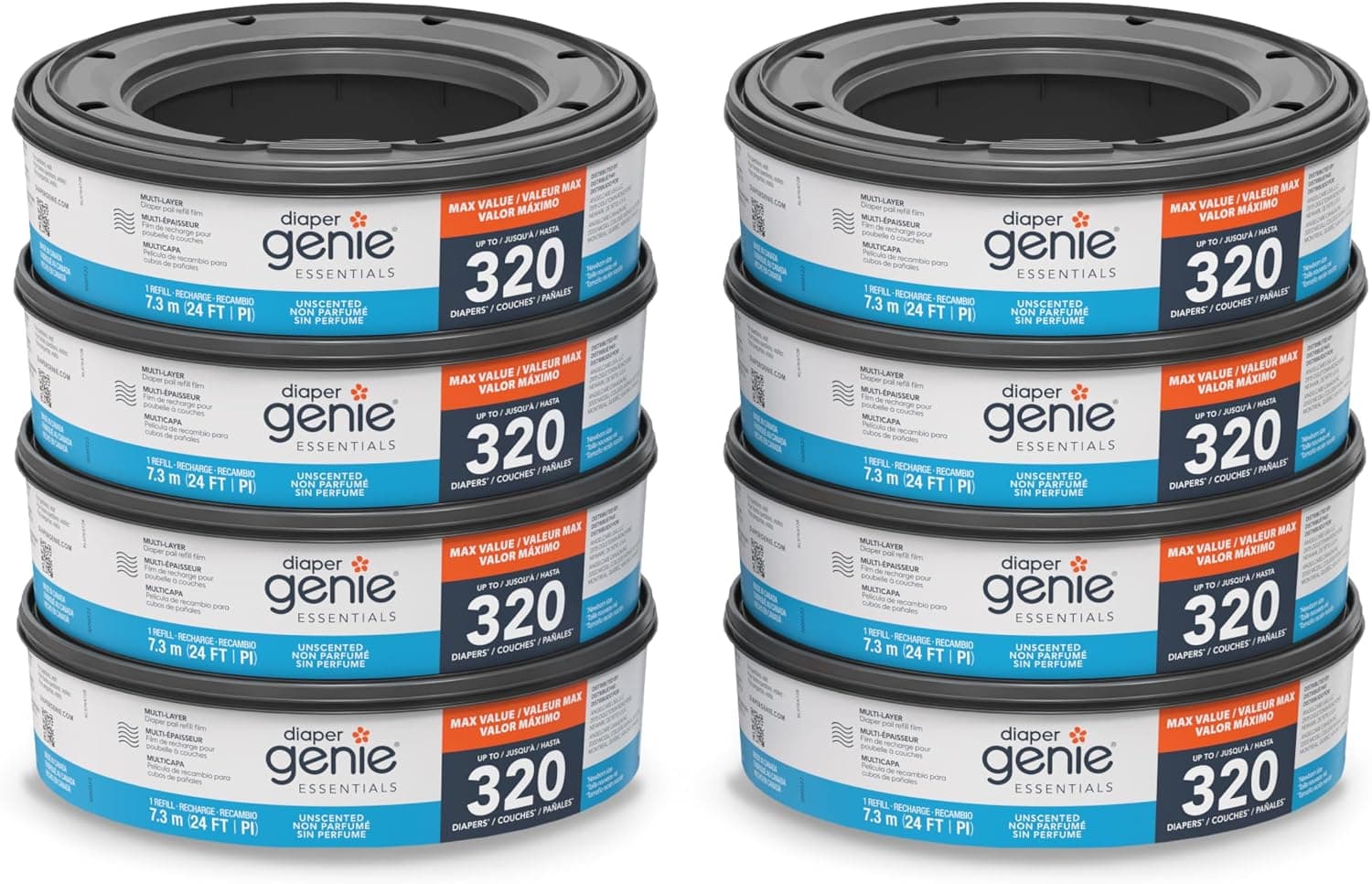 Diaper Genie Essentials Yuvarlak Yedek 8li Paket | 2560a Kadar Yenidoğan Bezi Tutar | Kokusuz Sürekli Film İçerir | Bebek Bezi Genie Komple ve İfade Kovaları ile Uyumlu