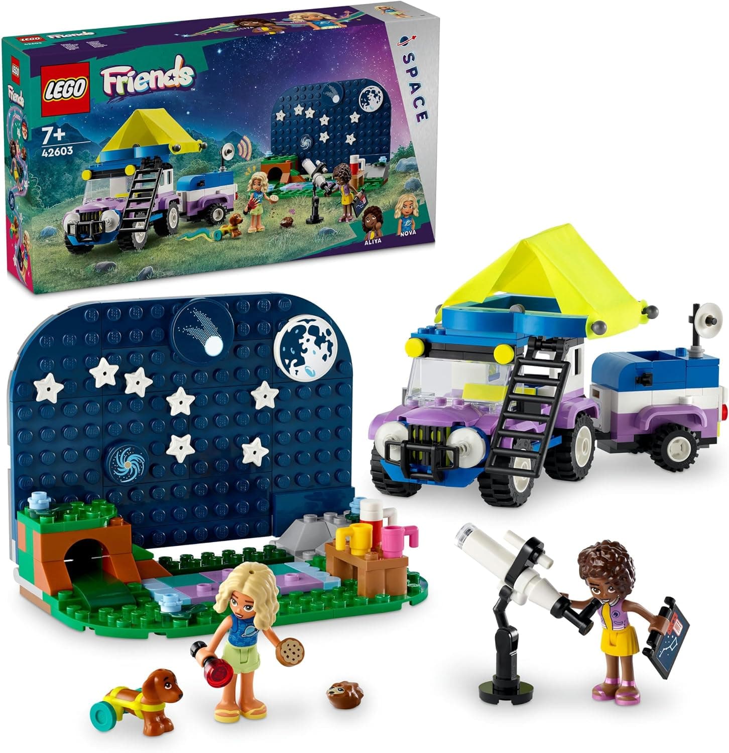 LEGO Yıldız Gözlemleme Kamp Aracı 42603-7 Yaş ve Üzeri Kız ve Erkek Çocuklar için Nova ve Aliya Mini Bebekleri ile Köpek ve Kirpi Hayvan Figürleri İçeren 4x4 Araba Oyuncağı, Hediye Fikri (364 Parça)