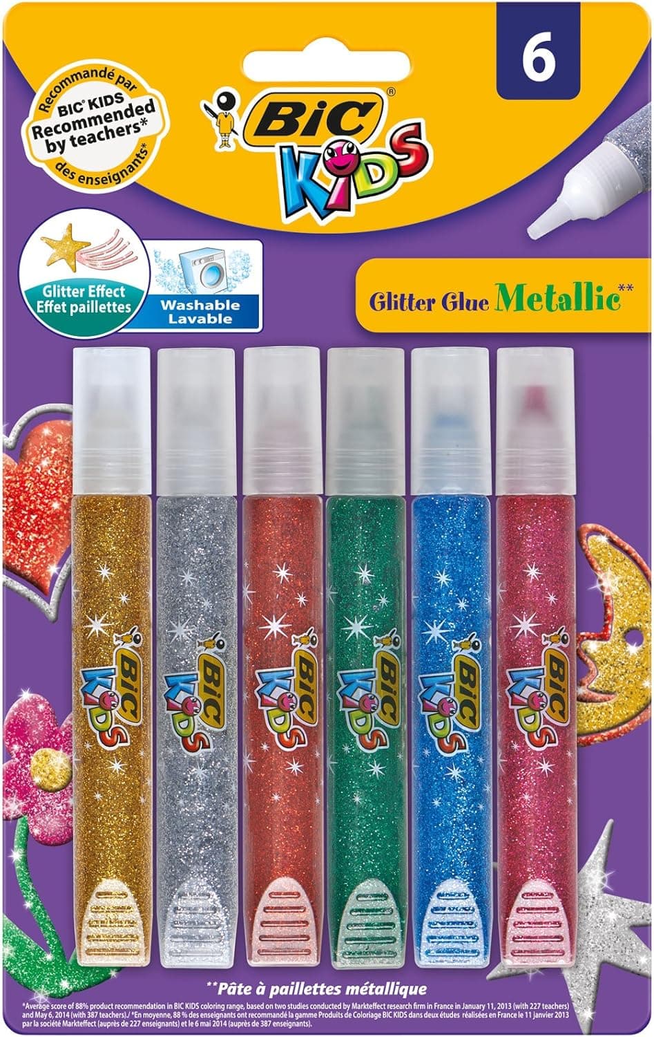 BIC Kids Metalik Simli Yapıştırıcı 6lı Blister, Su Bazlı Simli Yapıştırıcı, Çoğu Kumaştan Kolayca Çıkar