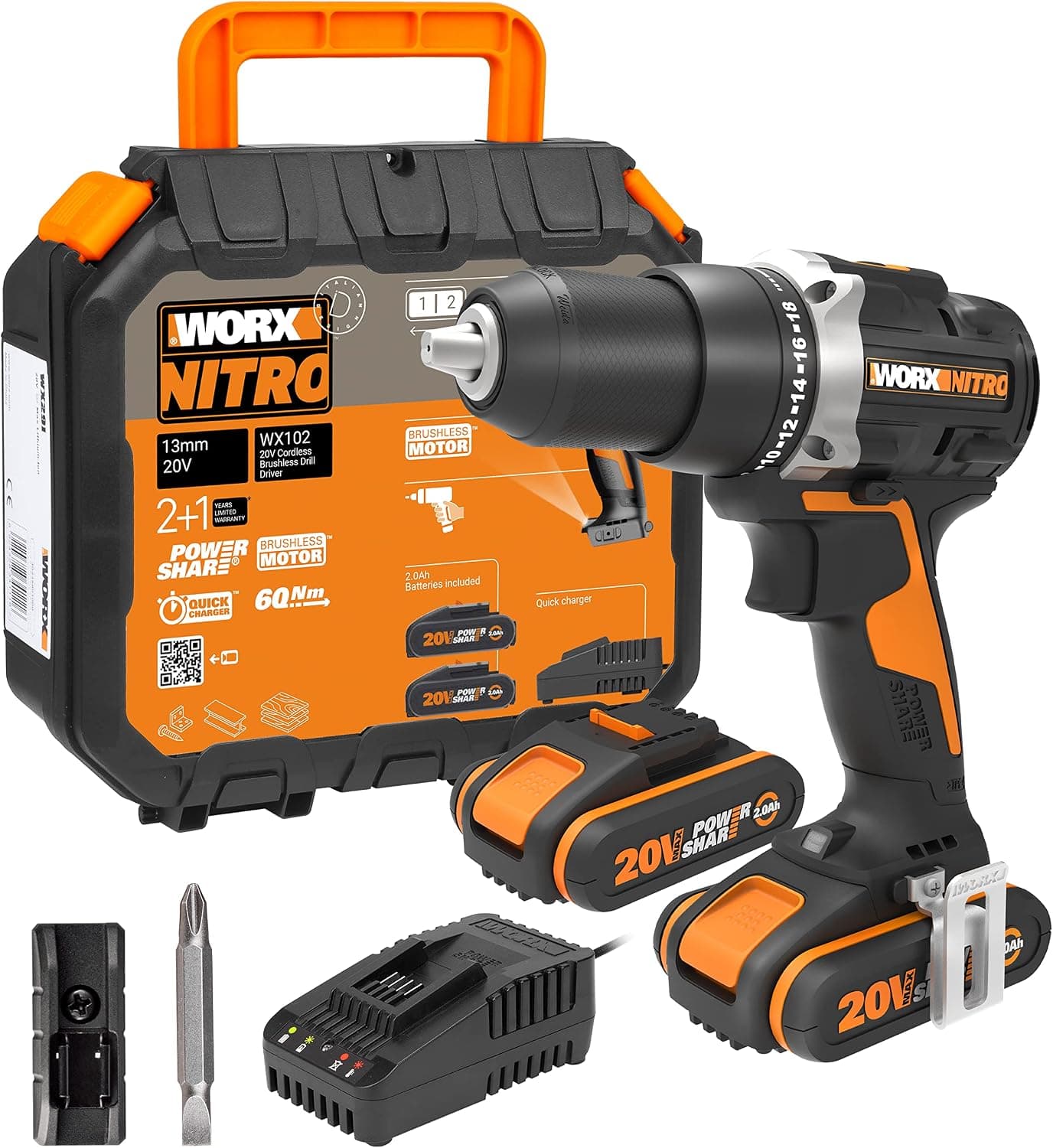 WORX WX102 20Volt/2.0Ah Li-ion Çift Akülü Kömürsüz Profesyonel Şarjlı Matkap