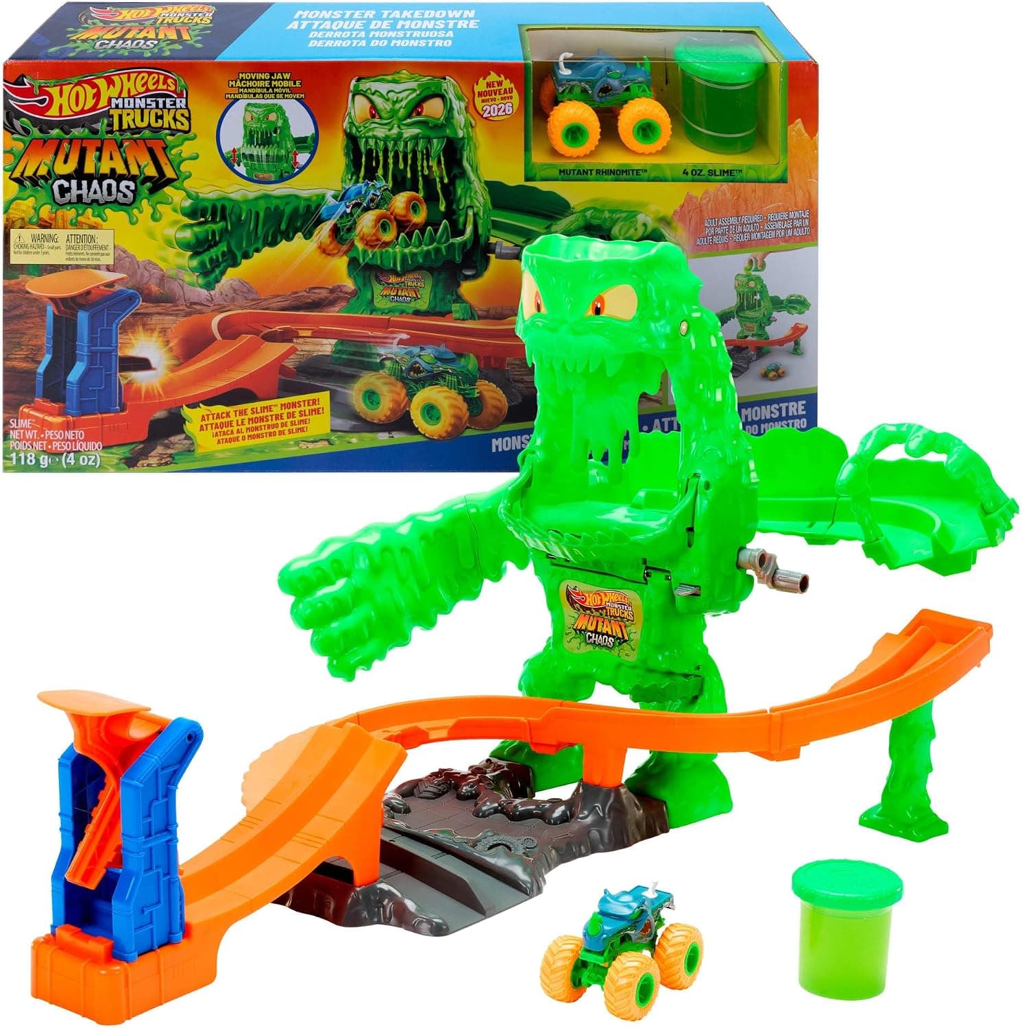 Hot Wheels Monster Trucks Mutant Canavarla Mücadele oyun seti, 1:64 ölçekli Mutant Rhinomite oyuncak kamyon ve 110 gram yeniden kullanılabilir Slime, JMK90