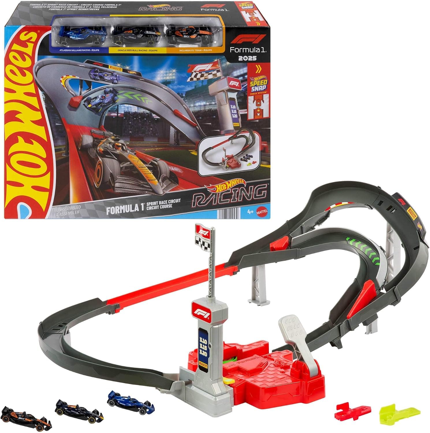 Hot Wheels pist seti ve 1:64 ölçekli McLaren Formula 1 Takımı, Oracle Red Bull Racing ve Atlassian Williams Racing oyuncak arabaları, Temel Yarış Pisti, JNN32