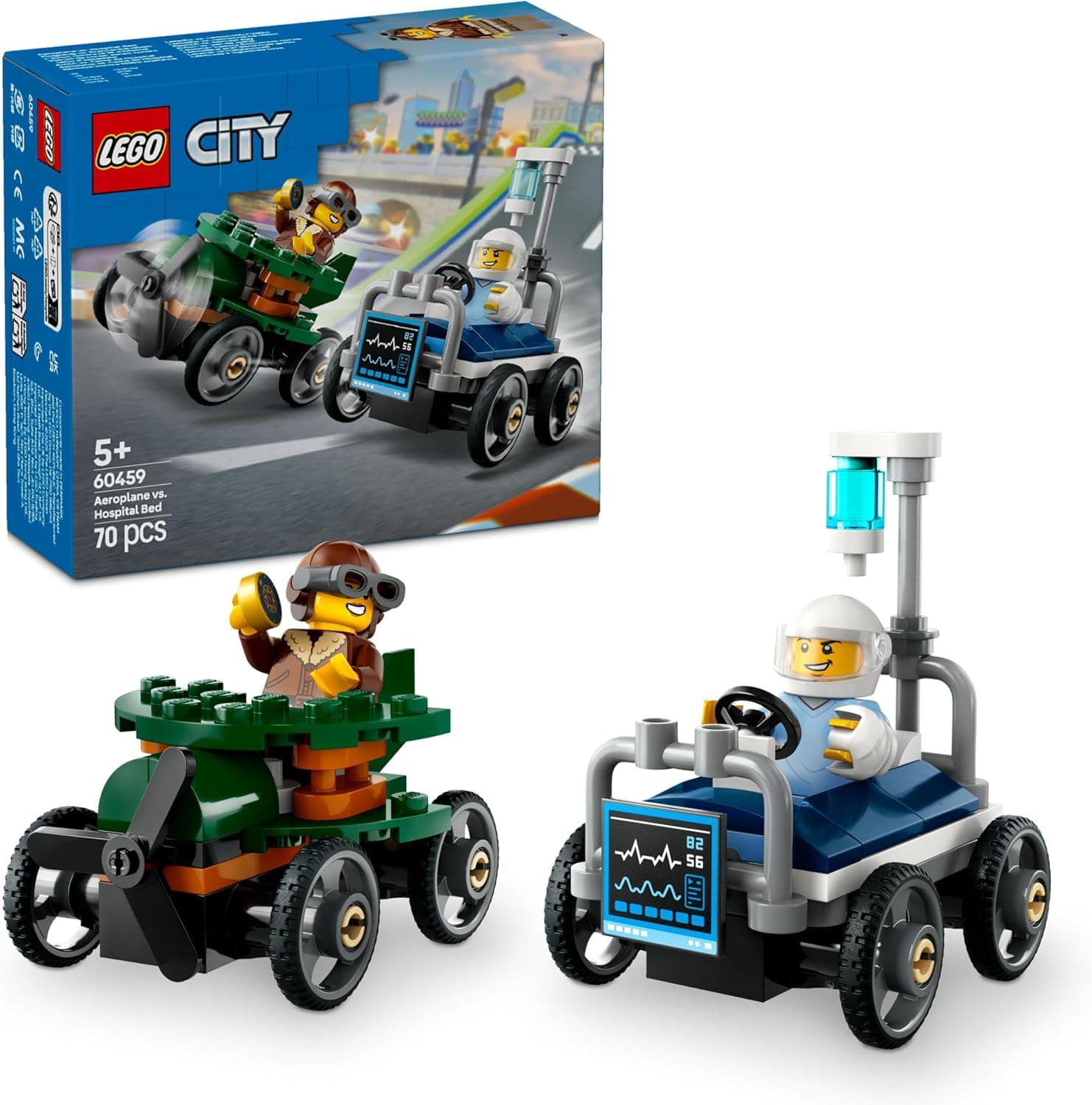 LEGO City Uçak, Hastane Yatağına Karşı Yarış Arabası Paketi 60459-5 Yaş Üzeri Çocuklar için Yaratıcı Oyuncak Yapım Seti, Doğum Günü Hediyesi (70 Parça)