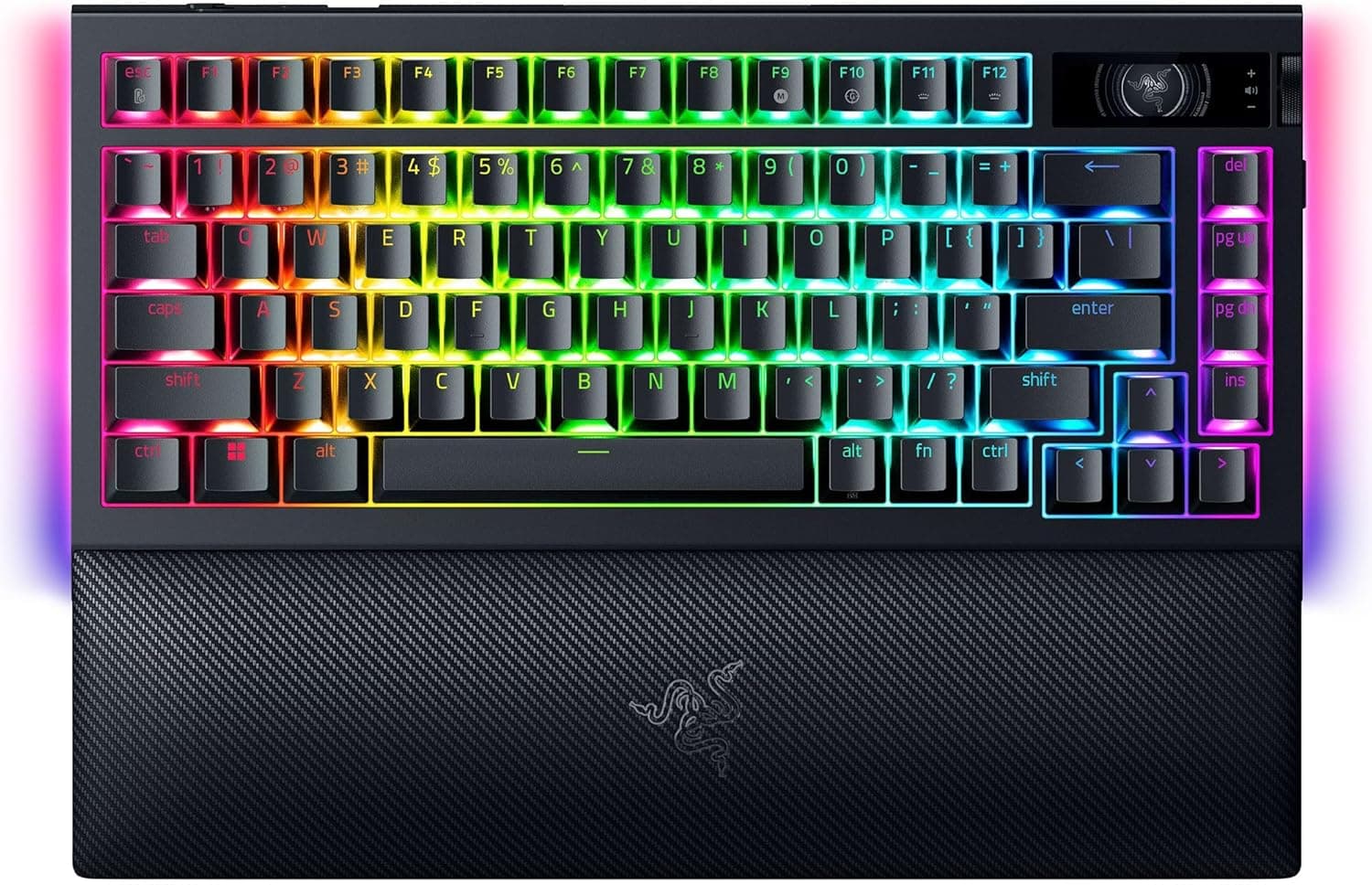 Razer BlackWidow V4 Pro%75 - Kablosuz çalışırken değiştirilebilir oyun klavyesi - OLED ekran (komut kadranı, 4K Hz ve Bluetooth bağlantısı, manyetik avuç içi desteği) ABD düzeni | Siyah