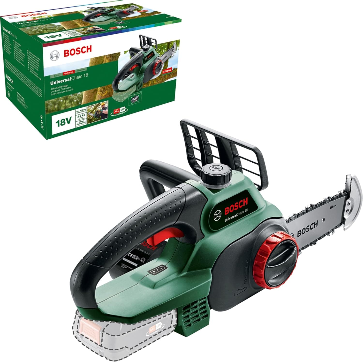 Bosch Home and Garden EasyChain 18 Akülü Zincirli Ağaç Kesme Makinesi, Yeşil, Akü ve Şarj Cihazı Dahil Değildir, 18 V, 20 cm Pala Uzunluğu, 13.5 cm Kesme Uzunluğu