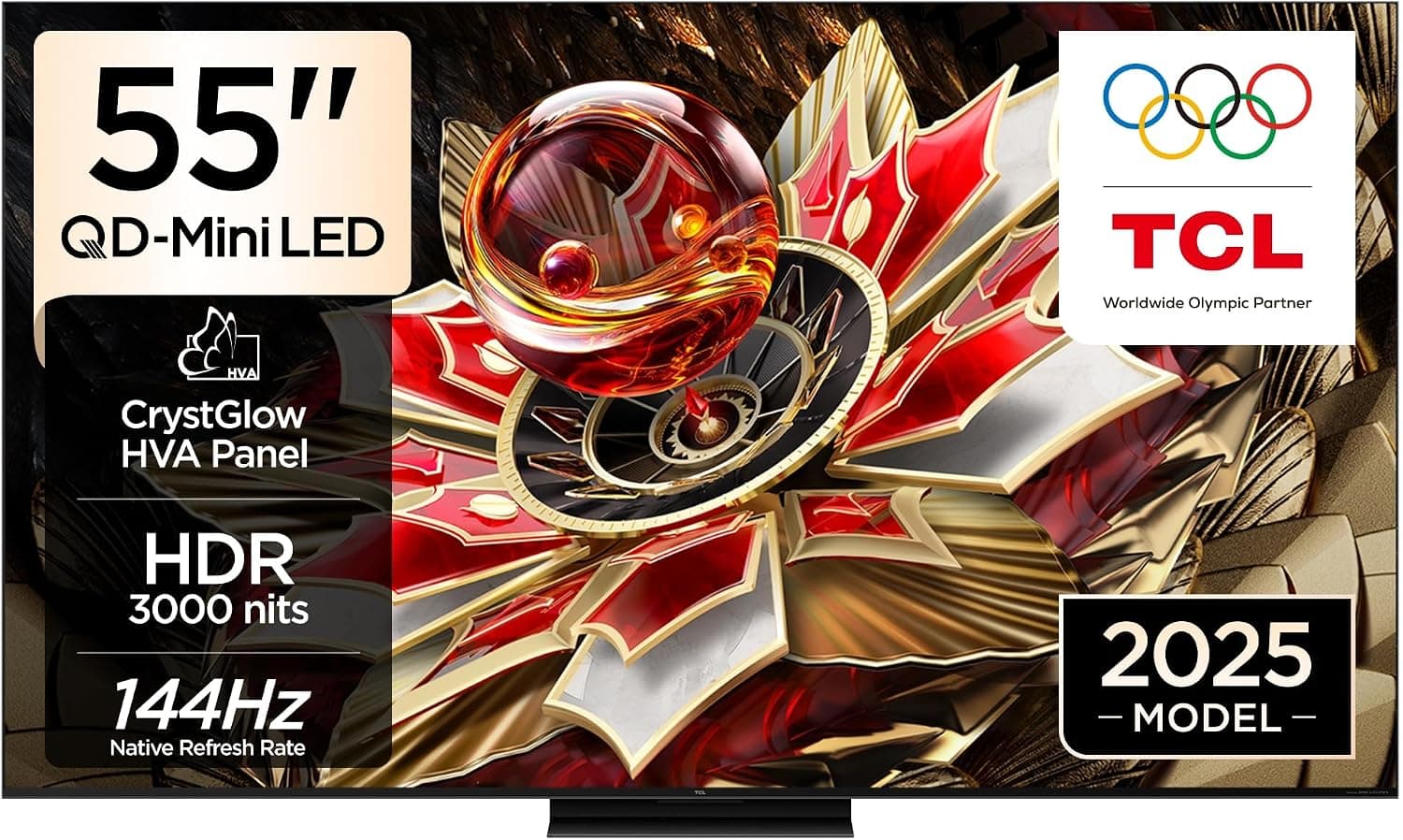 TCL 55 inç Akıllı TV 55Q7C 4K QD-Mini LED Renkli Quantum Crystal HDR, 2600 nit Parlaklık, Oyun Google TV, 144Hz Doğal Yenileme Hızı, Bang & Olufsen Ses Sistemi, Dolby Atmos, Game Master (2025 Modeli)