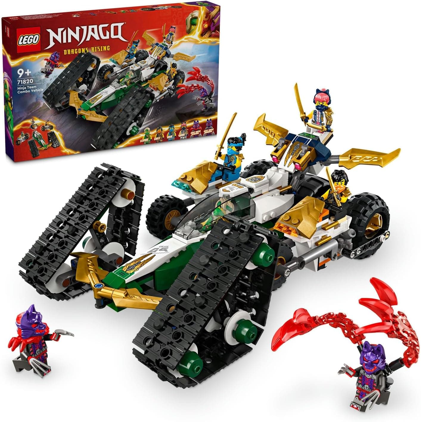 LEGO NINJAGO Ninja Ekibi Kombo Araç 71820, 9 Yaş ve Üzeri İçin Planör, Yarış Arabası ve 2 Motosiklet İçeren 4’ü 1 Arada Yaratıcı Oyuncak Yapım Seti (576 Parça)