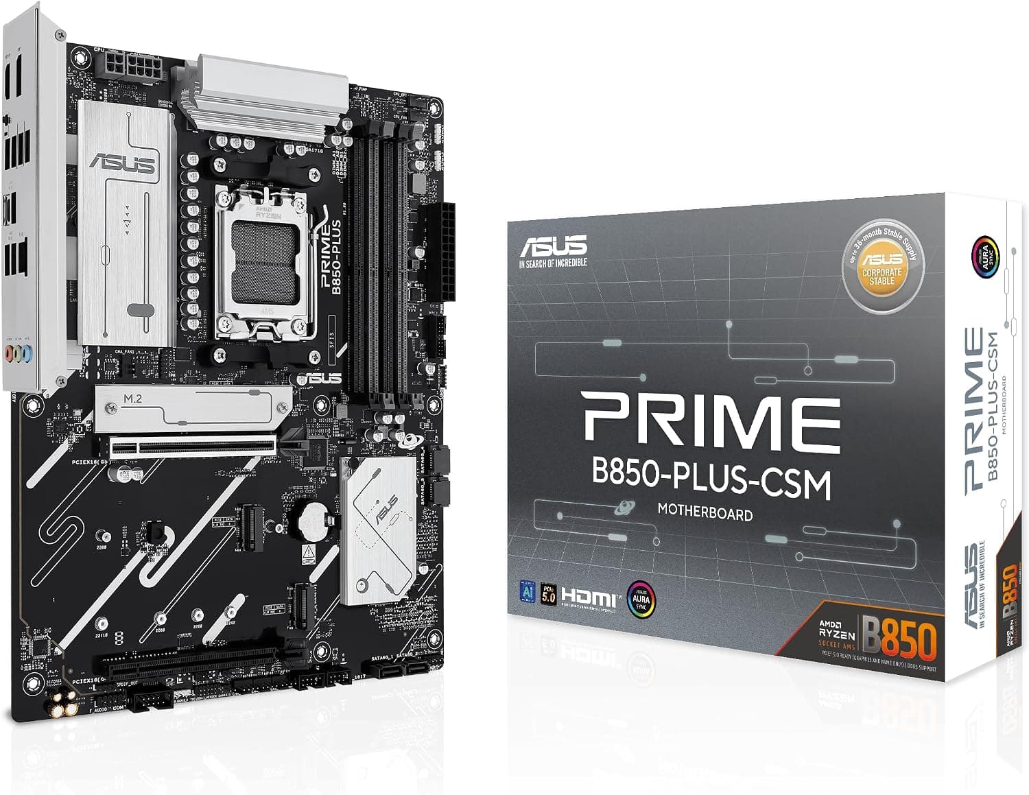 ASUS PRIME B850-PLUS-CSM AMD B850 AM5 DDR5 8000 DP HDMI 3x M2 USB3.2 AURA RGB 2.5Gbit LAN ATX 256GB’a kadar ram desteği, 1xGen5 M.2, Ücretsiz Uzaktan Yönetim Yazılımı