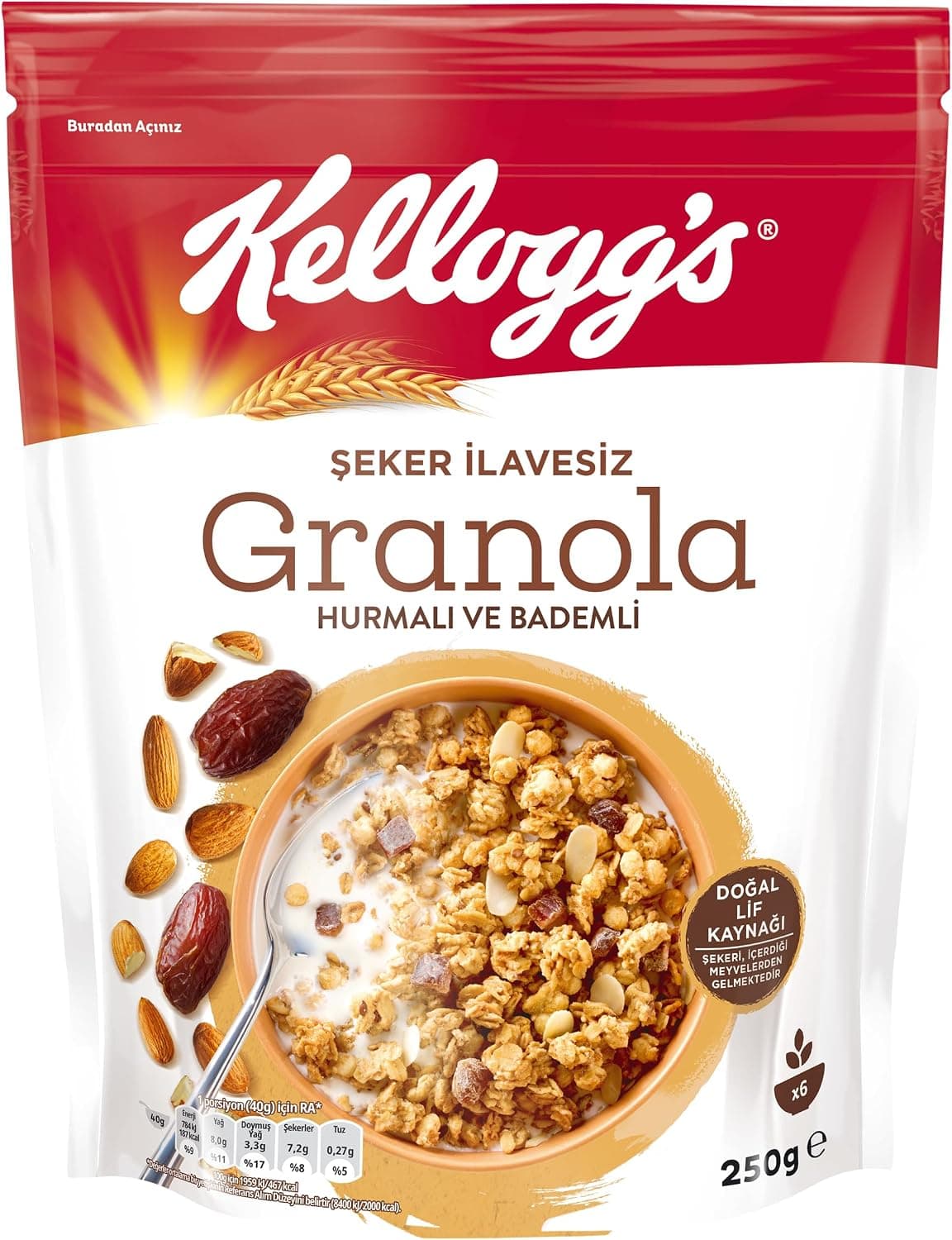 Kelloggs İlave Şekersiz Granola Hurmalı ve Bademli 250 G,%43 Yulaf içerir,Lif Kaynağı,%10 Hurma içerir