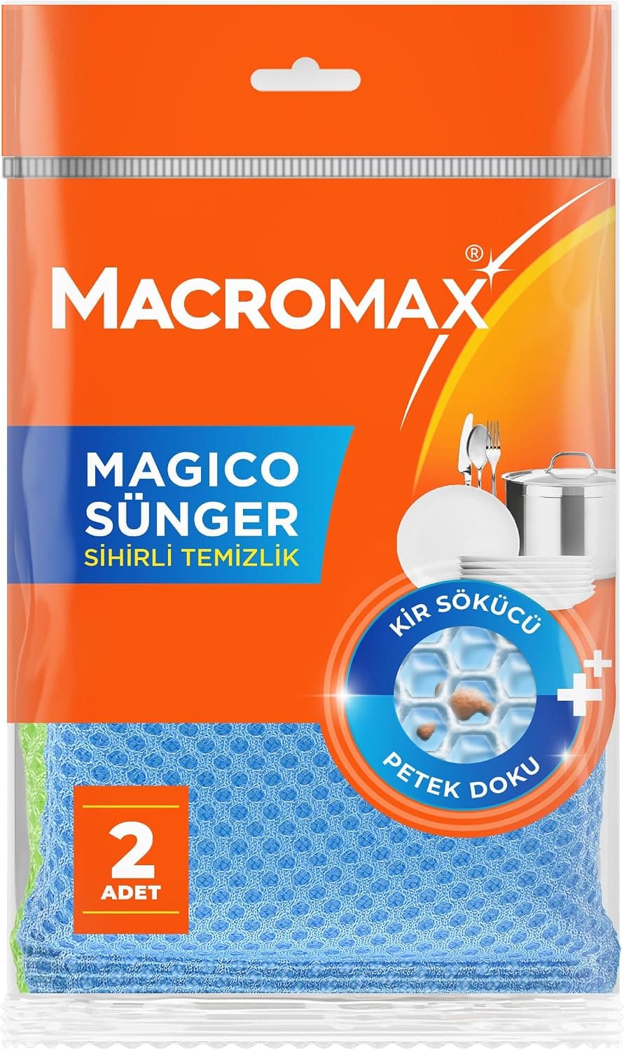 Macro Max Magico Bulaşık Süngeri 2Li Paket, Petek Dokulu Çizmez Kir Sökücü Sünger