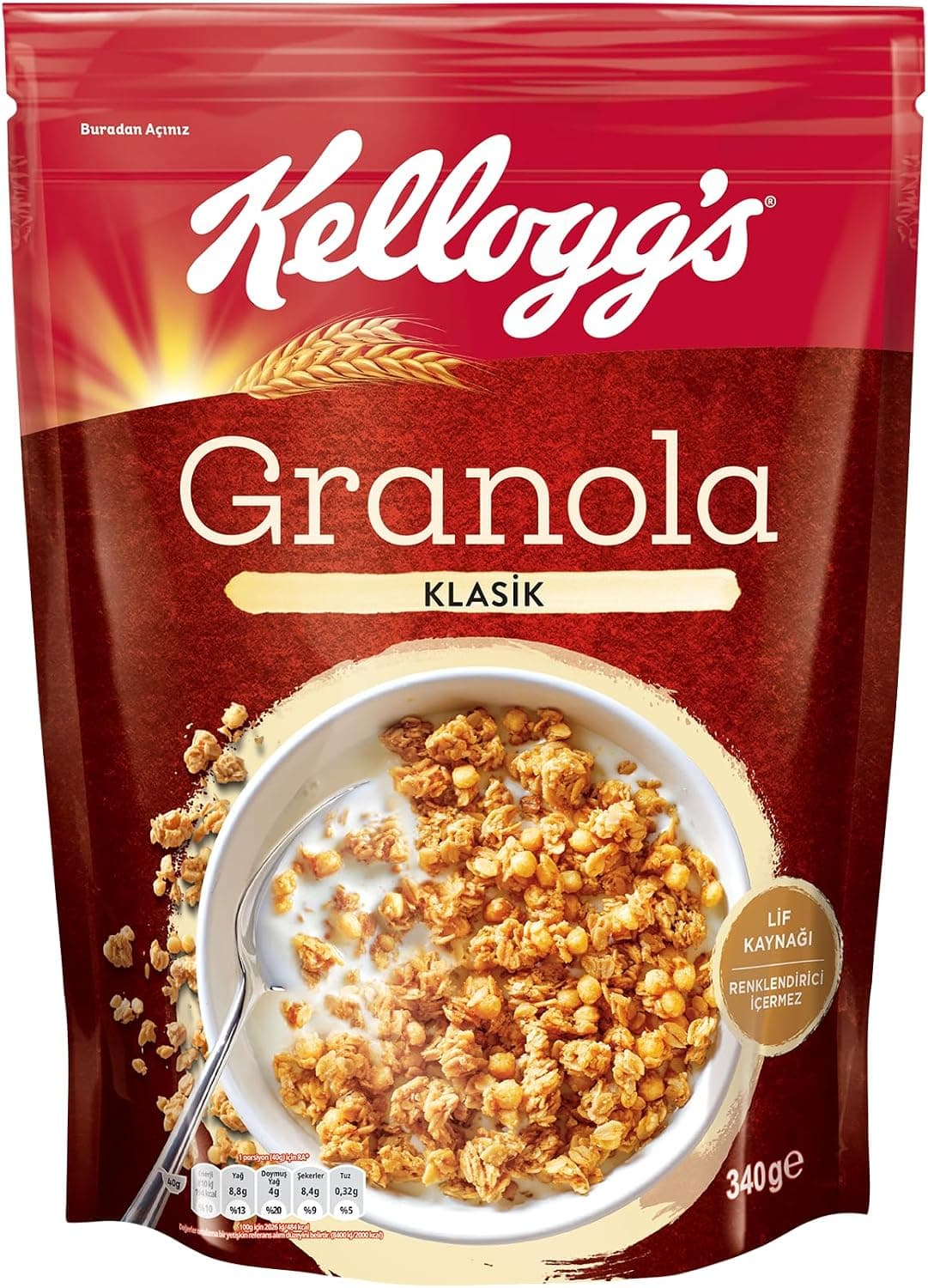 Kelloggs Granola Klasik 340 gr,%56 Yulaf içerir,Lif Kaynağı,Antioksidan içerir,Tahıl Gevreği,Kahvaltılık Müsli,Atıştırmalık