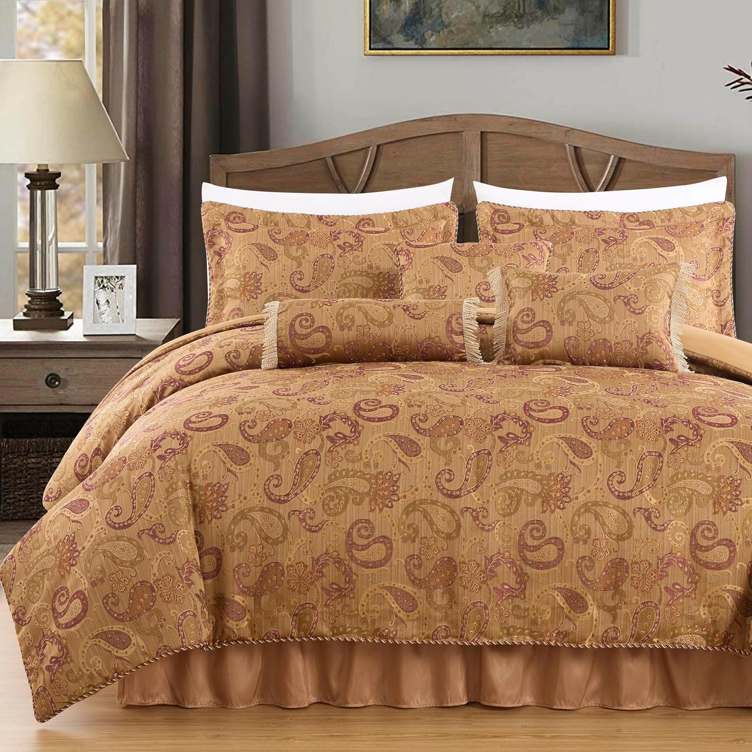Chezmoi Collection Adelle 7 Parça Şal Desenli Jakarlı İşlemeli Yorgan Nevresim Takımı, California King Boy