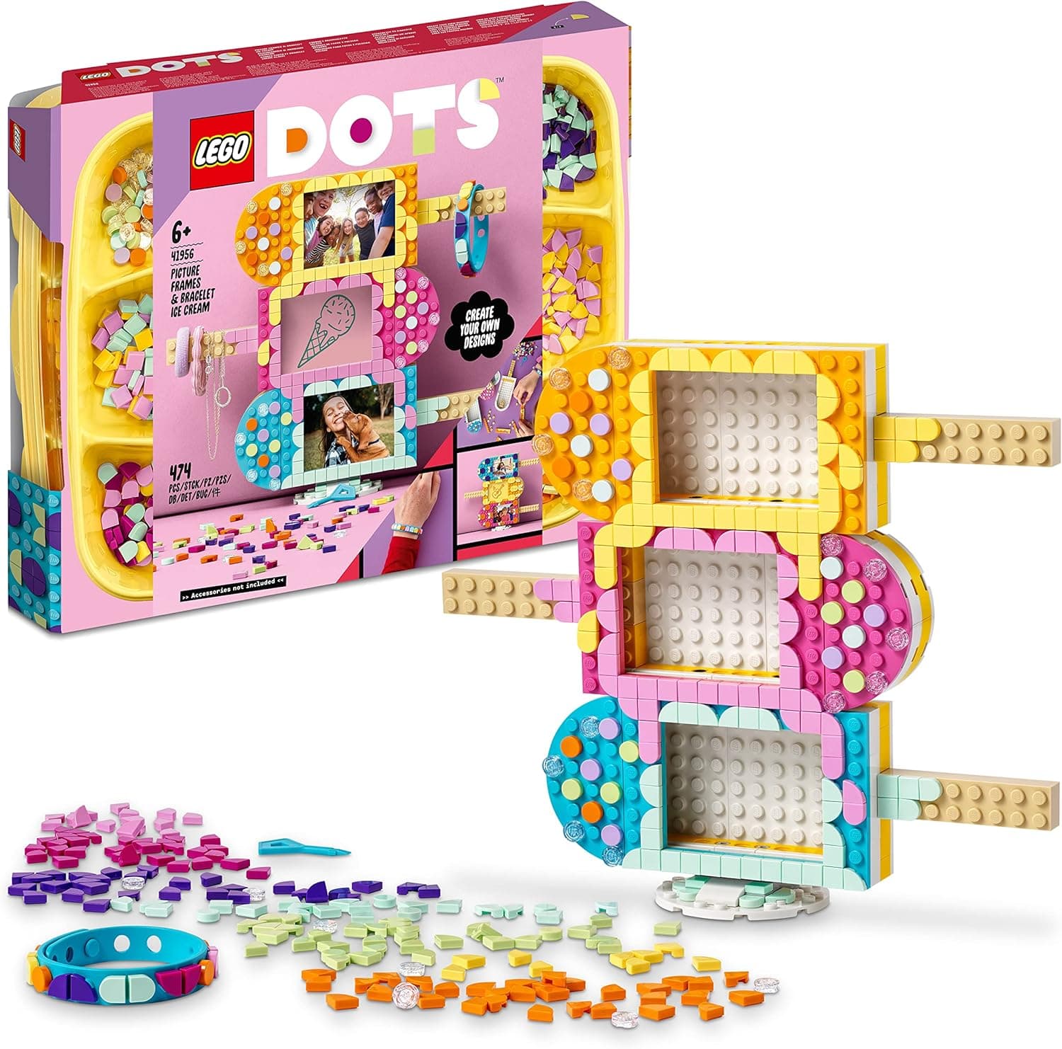 LEGO® DOTS Dondurma Resim Çerçeveleri ve Bileklik 41956-6 Yaş ve Üzeri için Kişiselleştirilebilir Fotoğraf ve Takı Tutucu Yapım Seti (474 Parça)