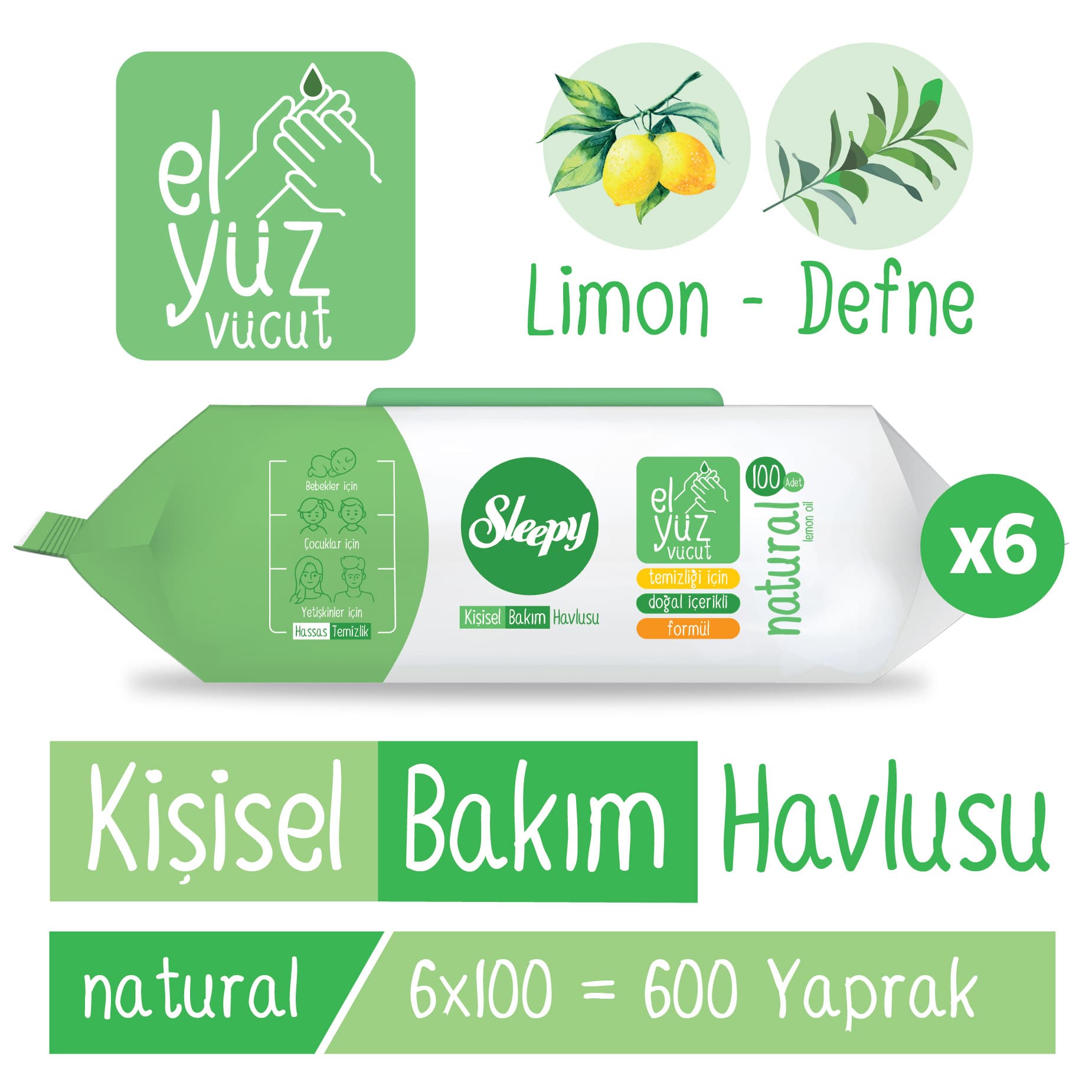 Sleepy Natural Kişisel Bakım Havlusu 6x100 600 Yaprak 6'lı Set