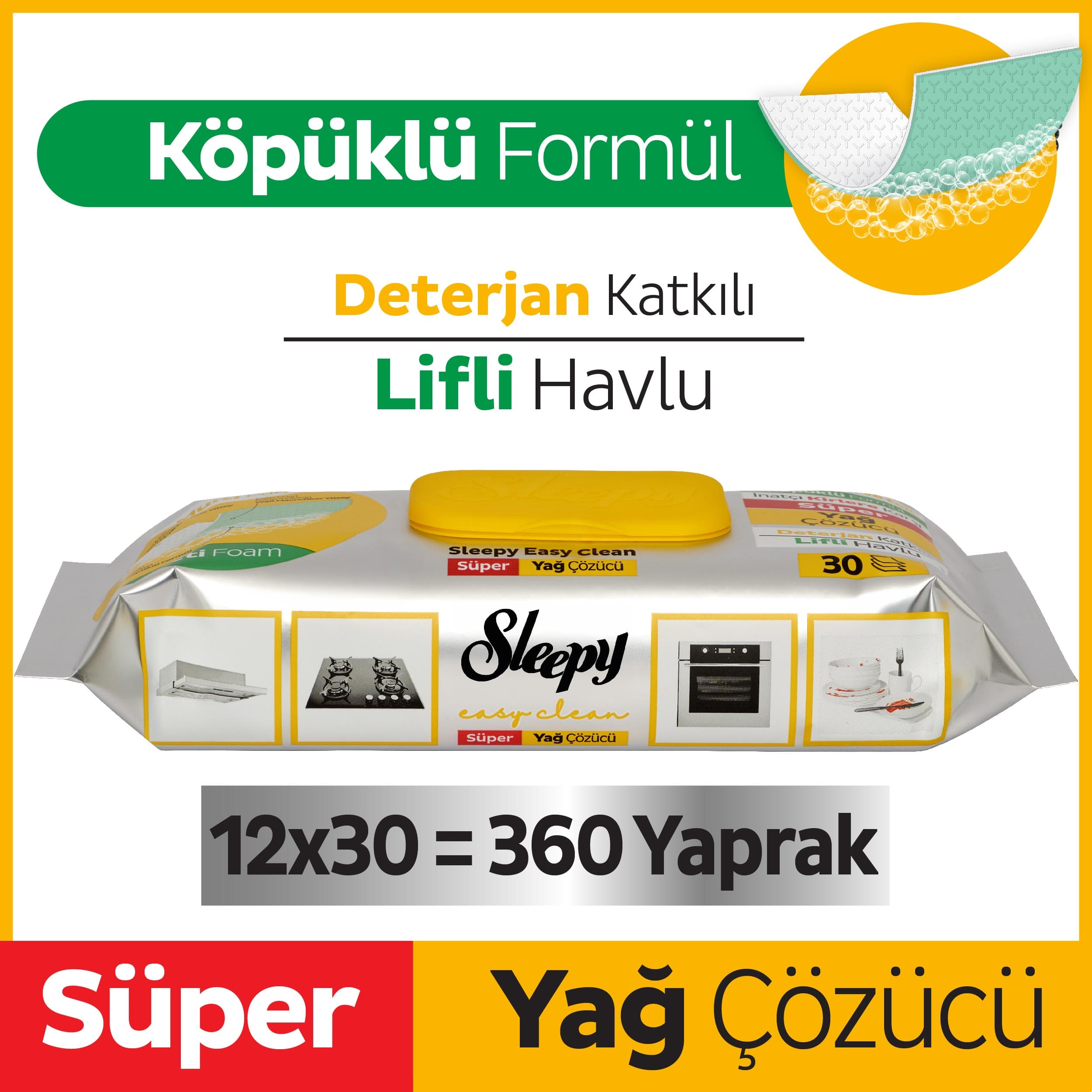 Sleepy Easy Clean Süper Yağ Çözücü Yüzey Temizlik Havlusu&Mendili 12x30 (360 Yaprak)