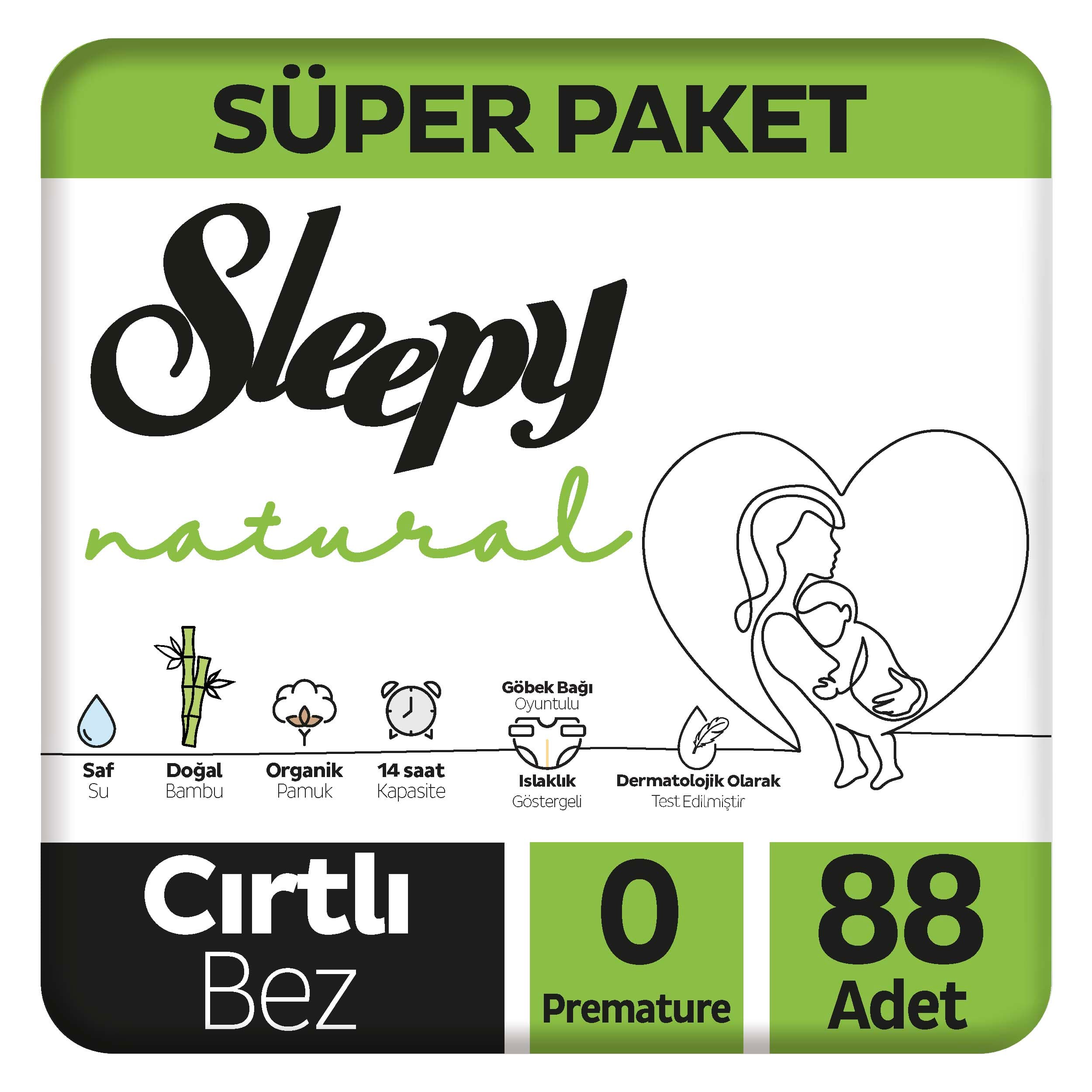 Sleepy Natural Süper Paket Bebek Bezi 0 Numara Premature 88 Adet 2'li
