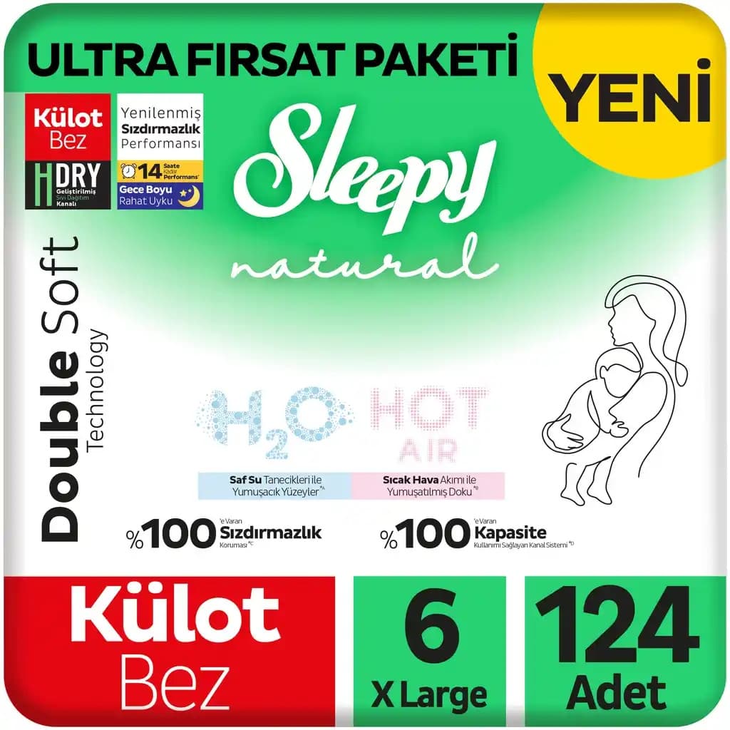 Sleepy Natural Double Soft Ultra Fırsat Paketi Külot Bez 6 Numara Xlarge 124 Adet