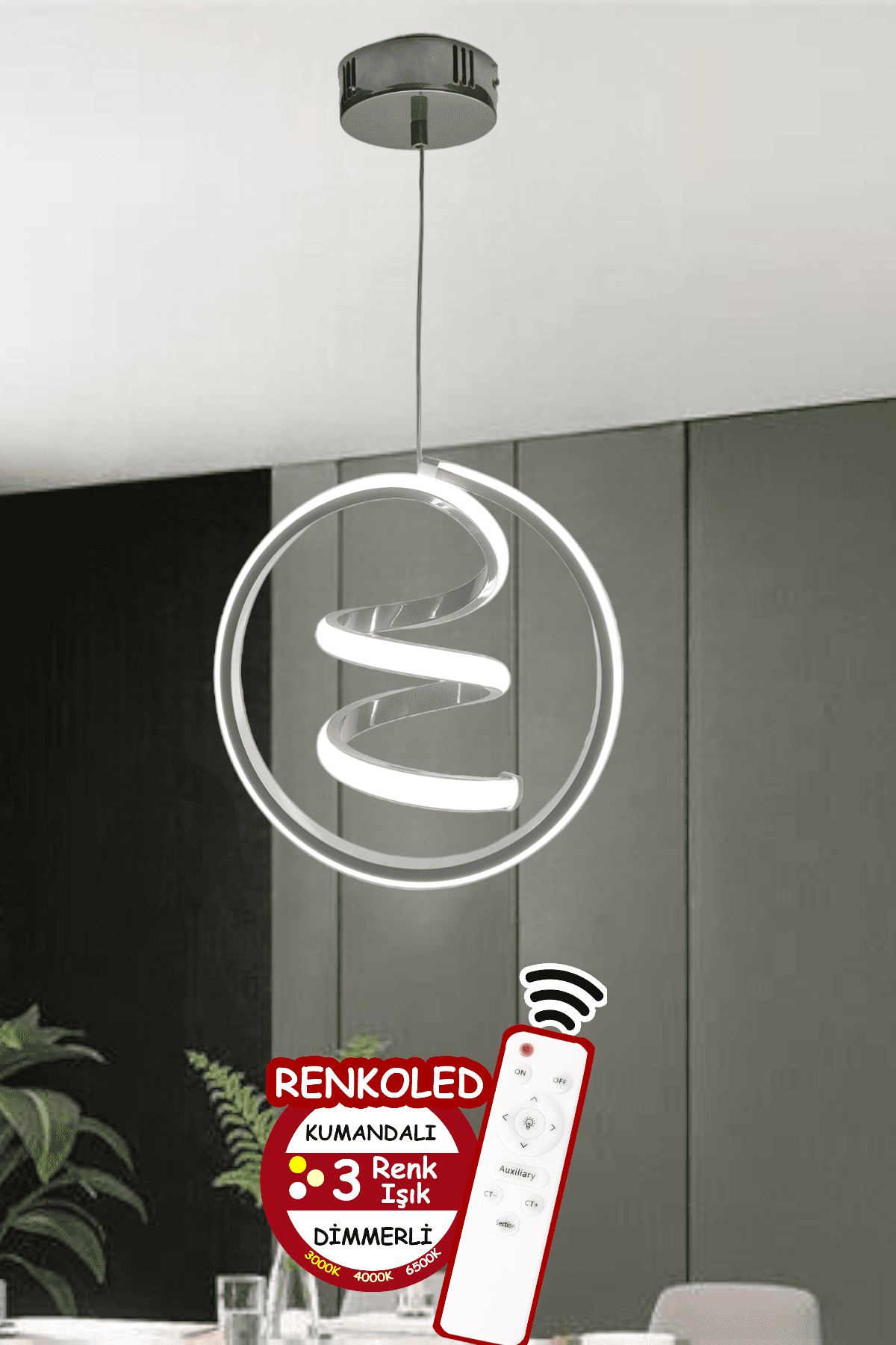 Renkoled Aydınlatma Kumandalı 3 Renk Modern Sarkıt Led Avize Krom 3 Renk Kumandalı