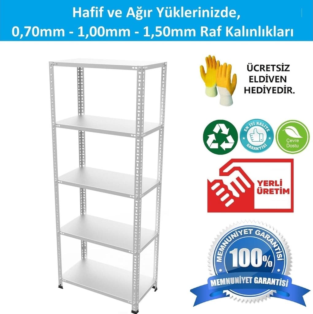 Raf Burada 5 Katlı Galvaniz Çelik Raf - Depo, Arşiv, Kiler, Dosya, Market Rafı-59x75x200 cm- 1.00 mm