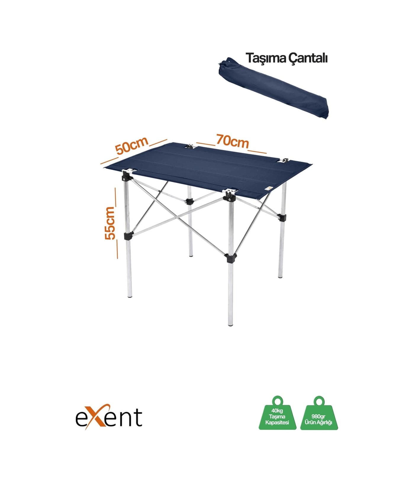 Exent 50x70 Cm Kamp Masası Katlanabilir Masa, Piknik Bahçe Balkon Plaj Masası, Taşıma Çantalı Masa-lacivert