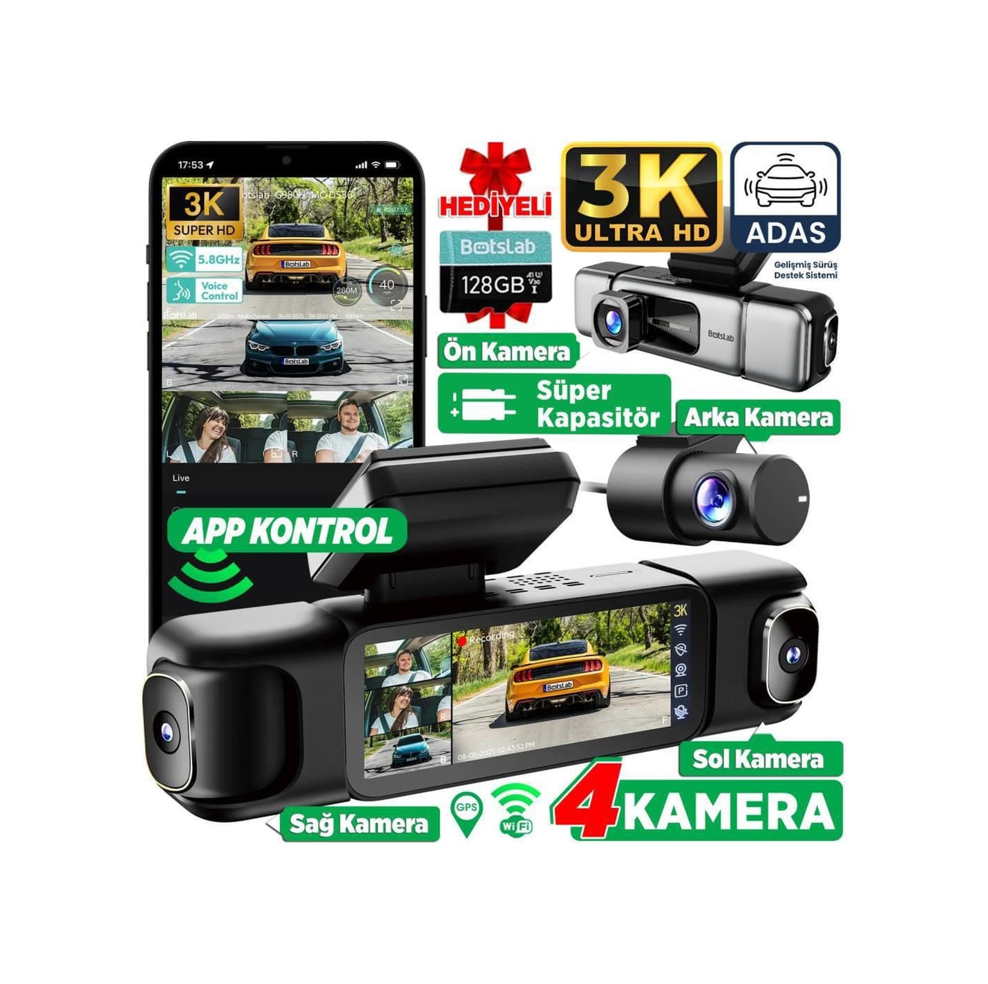 360+ Botslab G980H Pro 3K 4 Kameralı Wifi+Gps Akıllı Araç İçi Kamera +150 Geniş Açı+Yaya Algılama+Gece Görüşlü 128Gb Haf