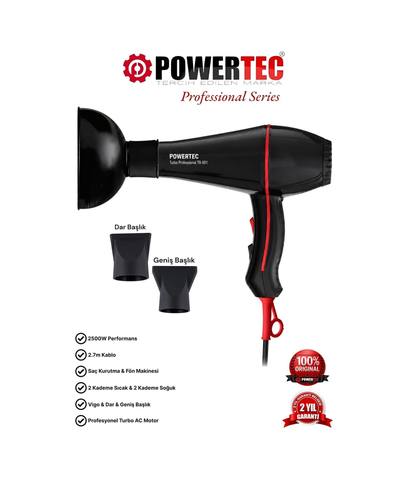 Powertec TR-601/TR-601S Turbo Profesyonel 2500 W Saç Kurutma Makinesi + Vigo Başlık Siyah