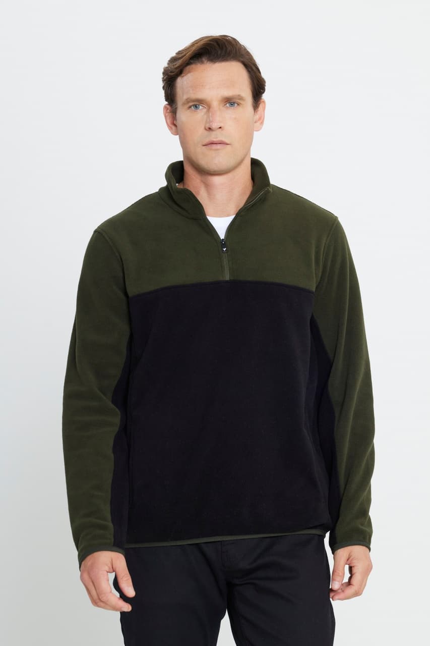 AC&Co / Altınyıldız Classics Erkek HAKI-SIYAH Anti-Pilling Tüylenme Yapmayan Standart Fit Bato Yaka İçi Polarlı Polar Sweatshirt 4A5221100015HSYXL