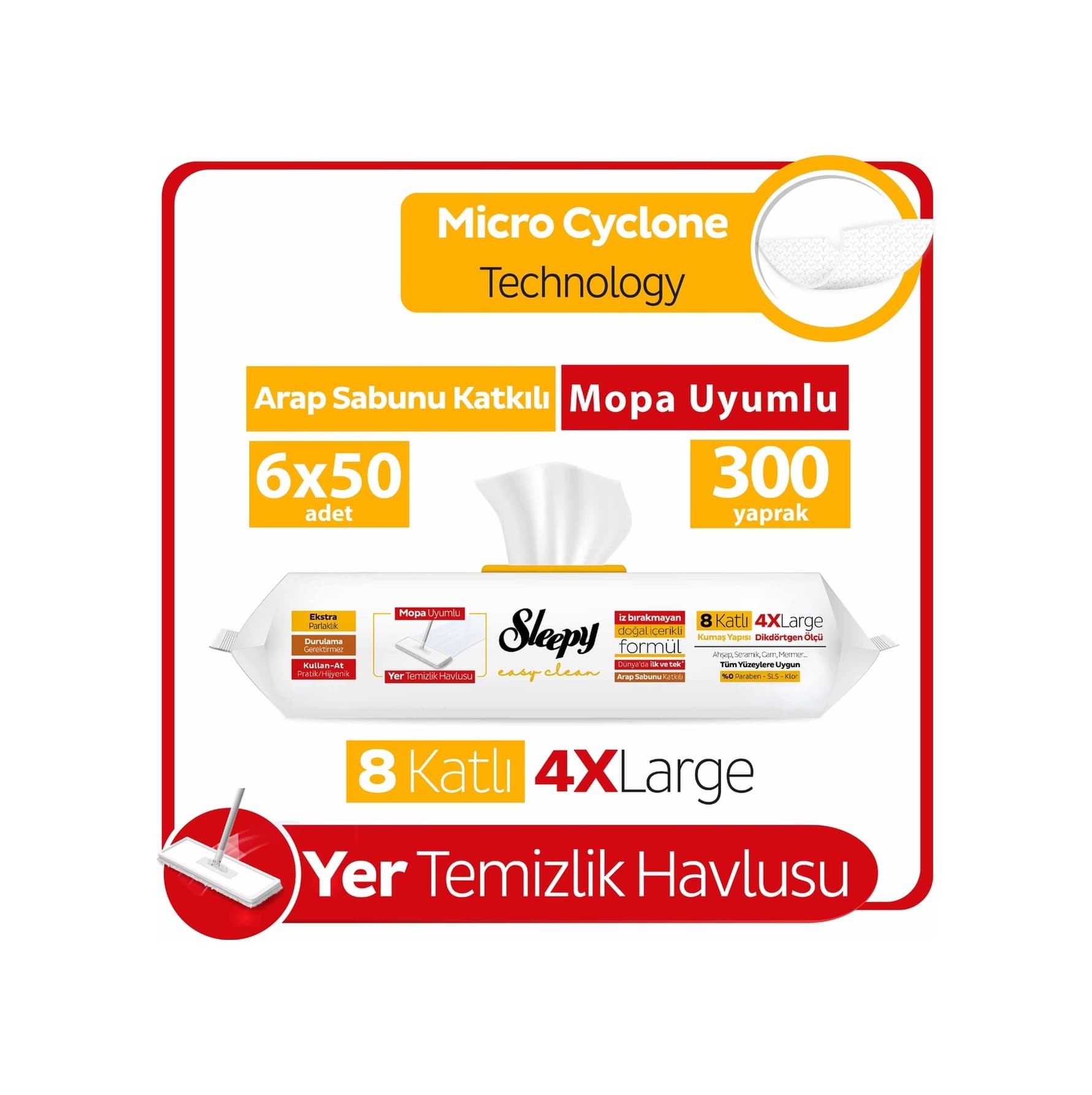 Sleepy Easy Clean Arap Sabunu Katkılı Mopa Uyumlu Yer Temizlik Havlusu&Mendili 6x50 (300 Yaprak)