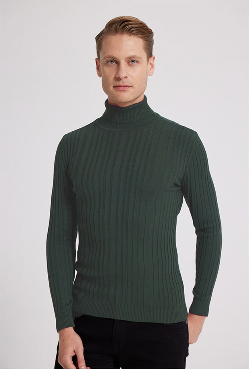 D's Damat Ds Damat Slim Fit Haki Fitilli Pamuk Karışımlı Boğazlı Triko Kazak 5HF06ORT63100 Haki